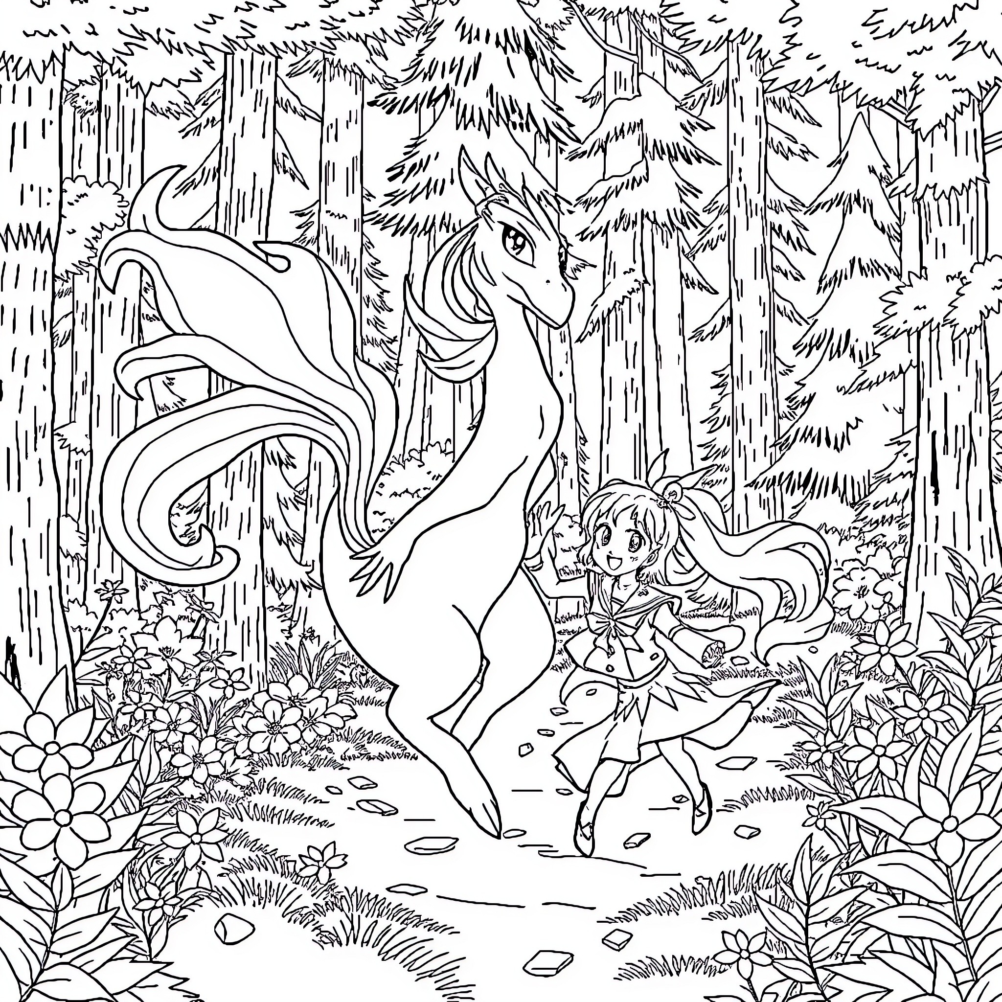 Suicune's Enchanted Forest Adventure Coloring Page (free black-and-white line drawing printable PDF for all, from beginners to advanced learners, including children, teens, adults, and seniors)