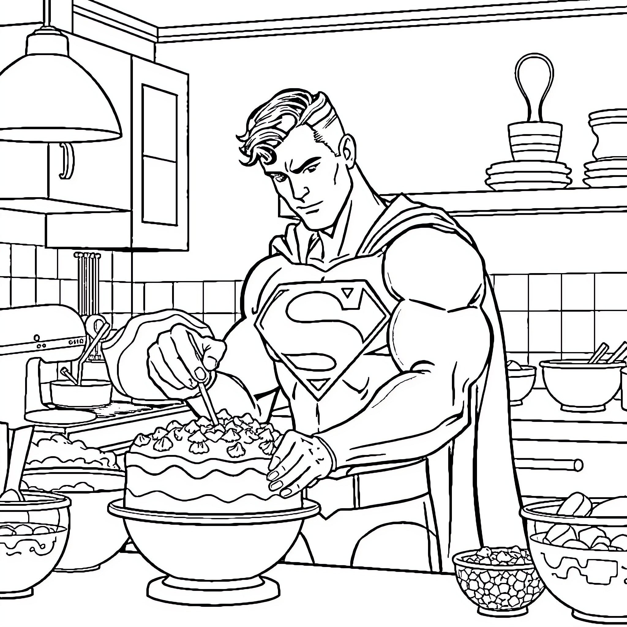 Superman baking a cake in the kitchen Coloring Page (free black-and-white line drawing printable PDF for all, from beginners to advanced learners, including children, teens, adults, and seniors)