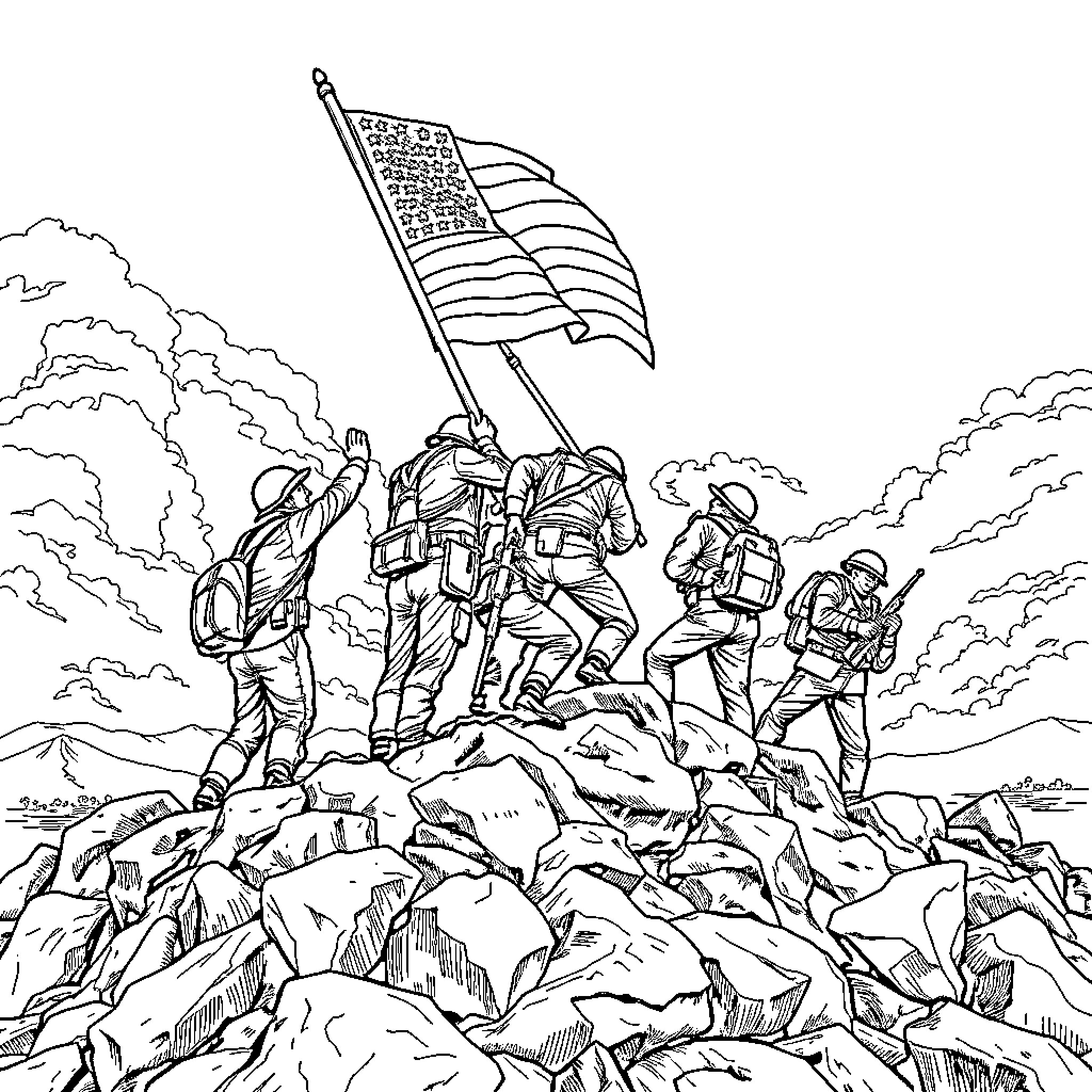 Marine soldiers raising American flag on rocky terrain Coloring Page (free black-and-white line drawing printable PDF for all, from beginners to advanced learners, including children, teens, adults, and seniors)