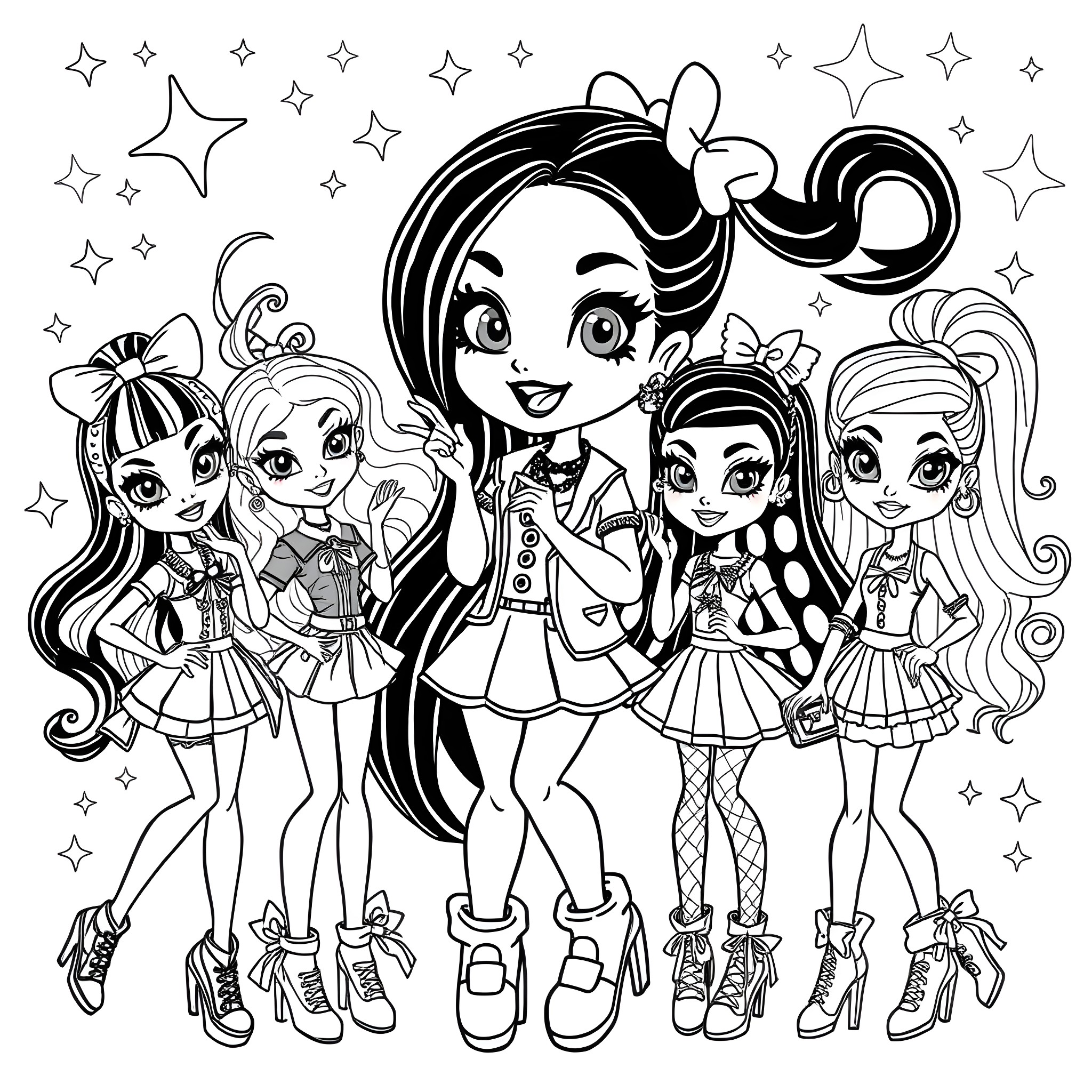 Kuromi and friends posing stylishly with stars Coloring Page (free black-and-white line drawing printable PDF for all, from beginners to advanced learners, including children, teens, adults, and seniors)