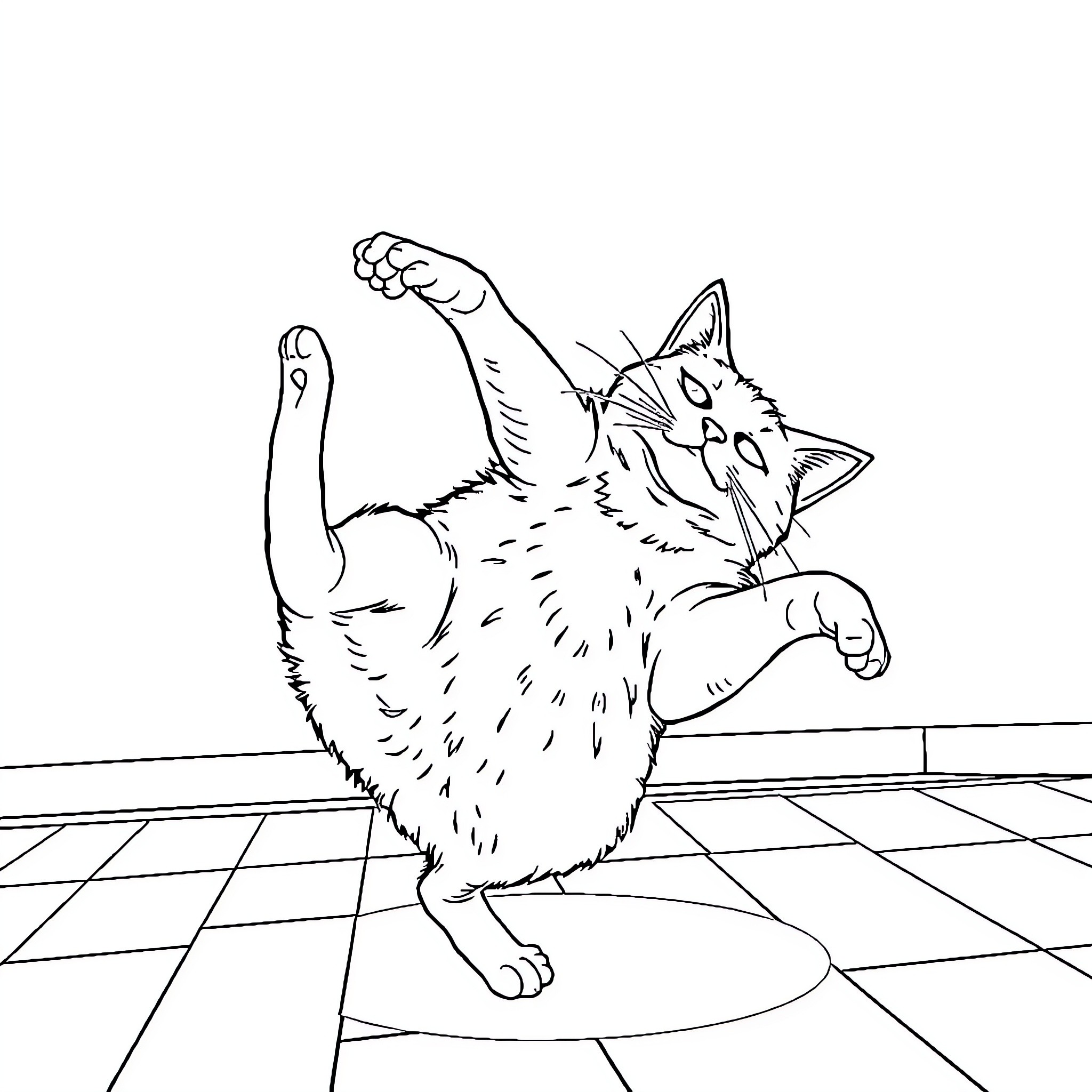Cat playing with paws on the floor Coloring Page (free black-and-white line drawing printable PDF for all, from beginners to advanced learners, including children, teens, adults, and seniors)
