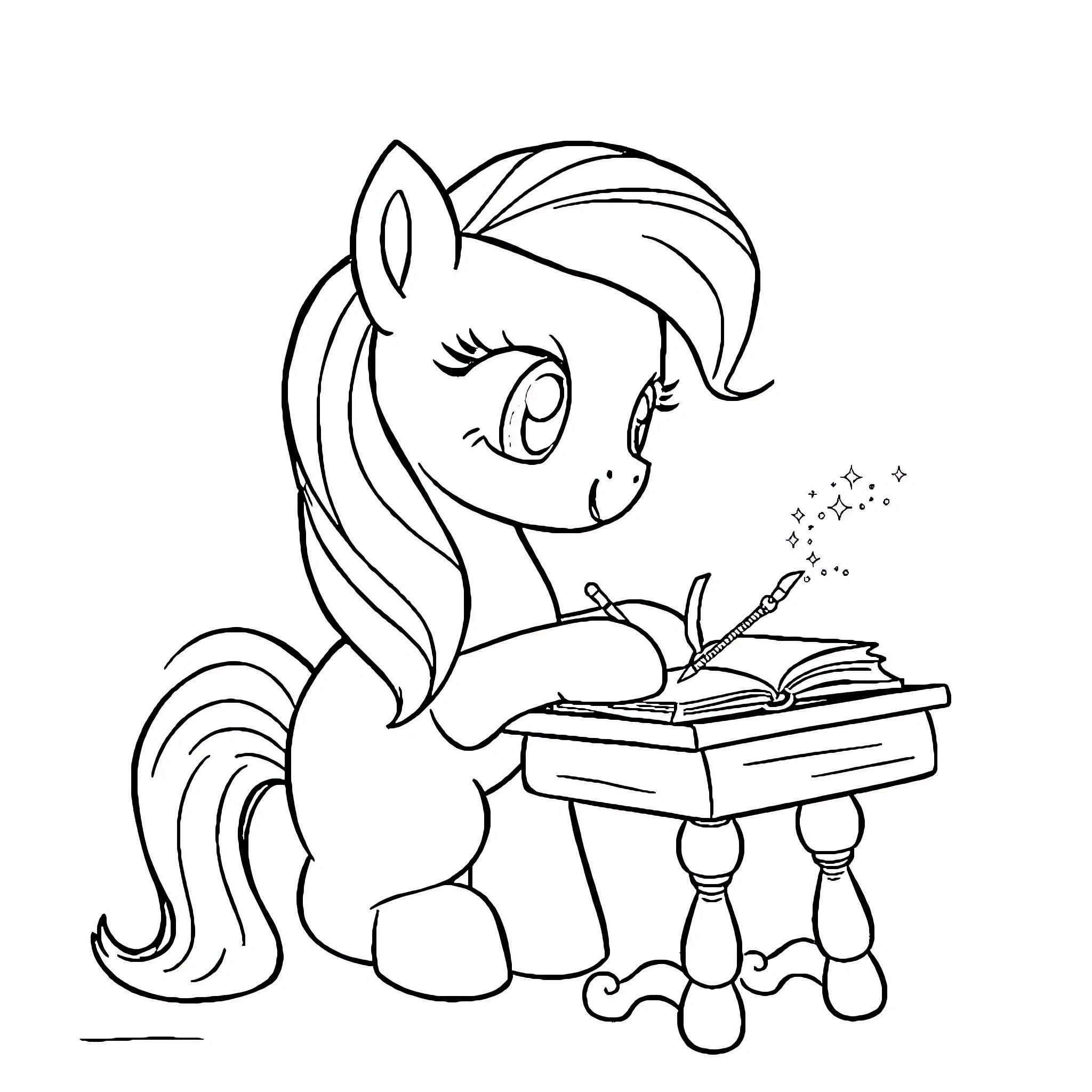 Pony Studying Intently at Desk Coloring Page (free black-and-white line drawing printable PDF for all, from beginners to advanced learners, including children, teens, adults, and seniors)