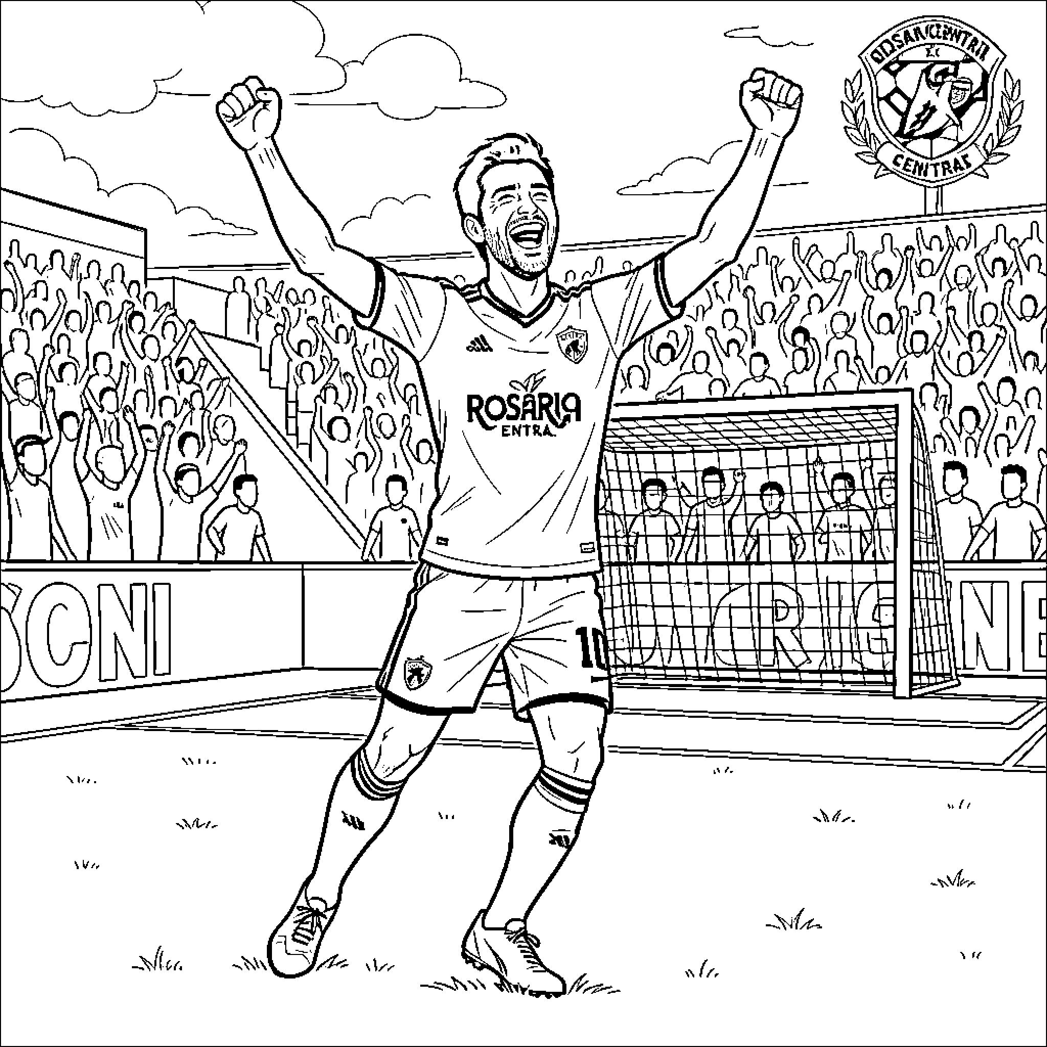 Di María celebrating a goal with arms raised Coloring Page (free black-and-white line drawing printable PDF for all, from beginners to advanced learners, including children, teens, adults, and seniors)