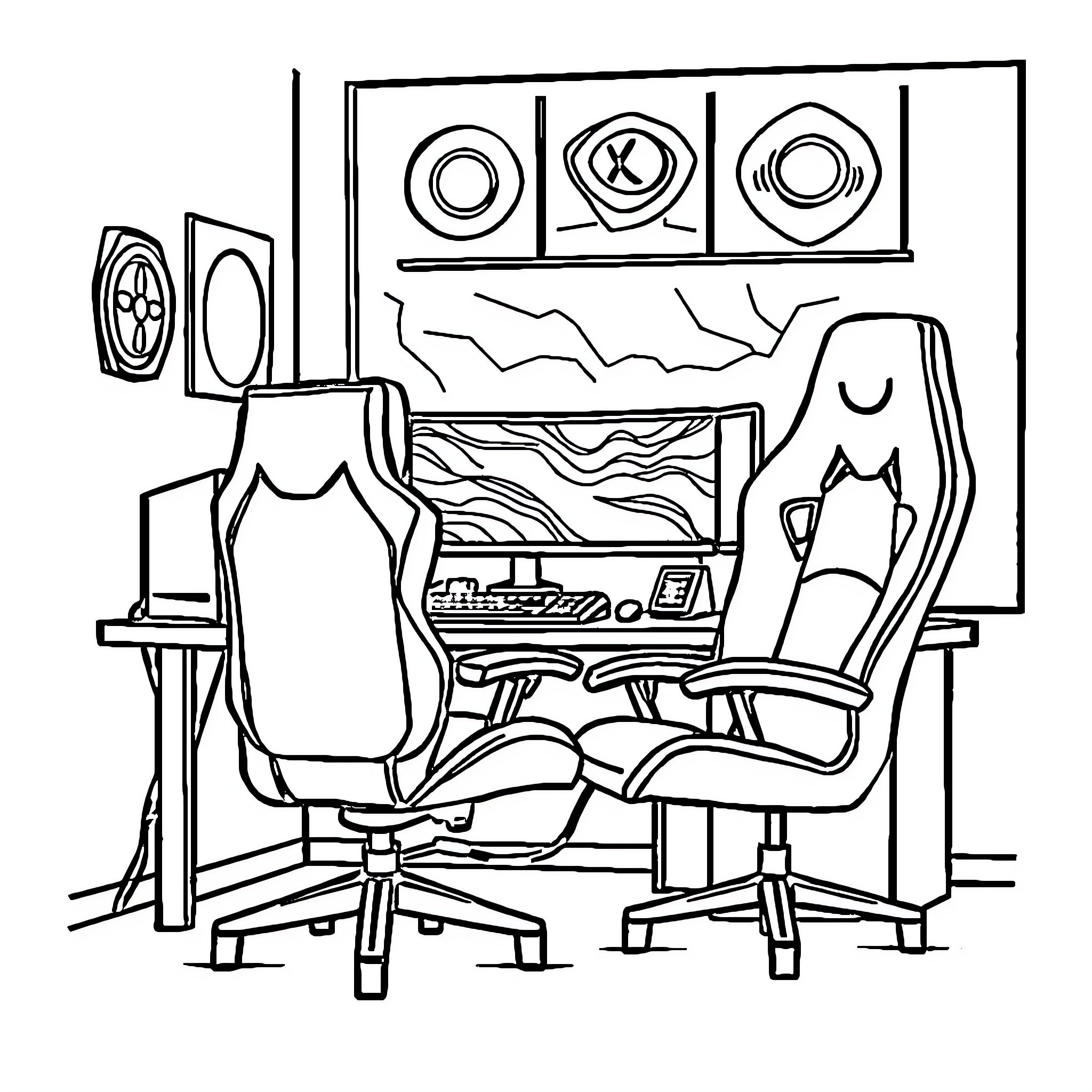 Gaming Setup with Comfortable Chairs and Speakers Coloring Page (free black-and-white line drawing printable PDF for all, from beginners to advanced learners, including children, teens, adults, and seniors)