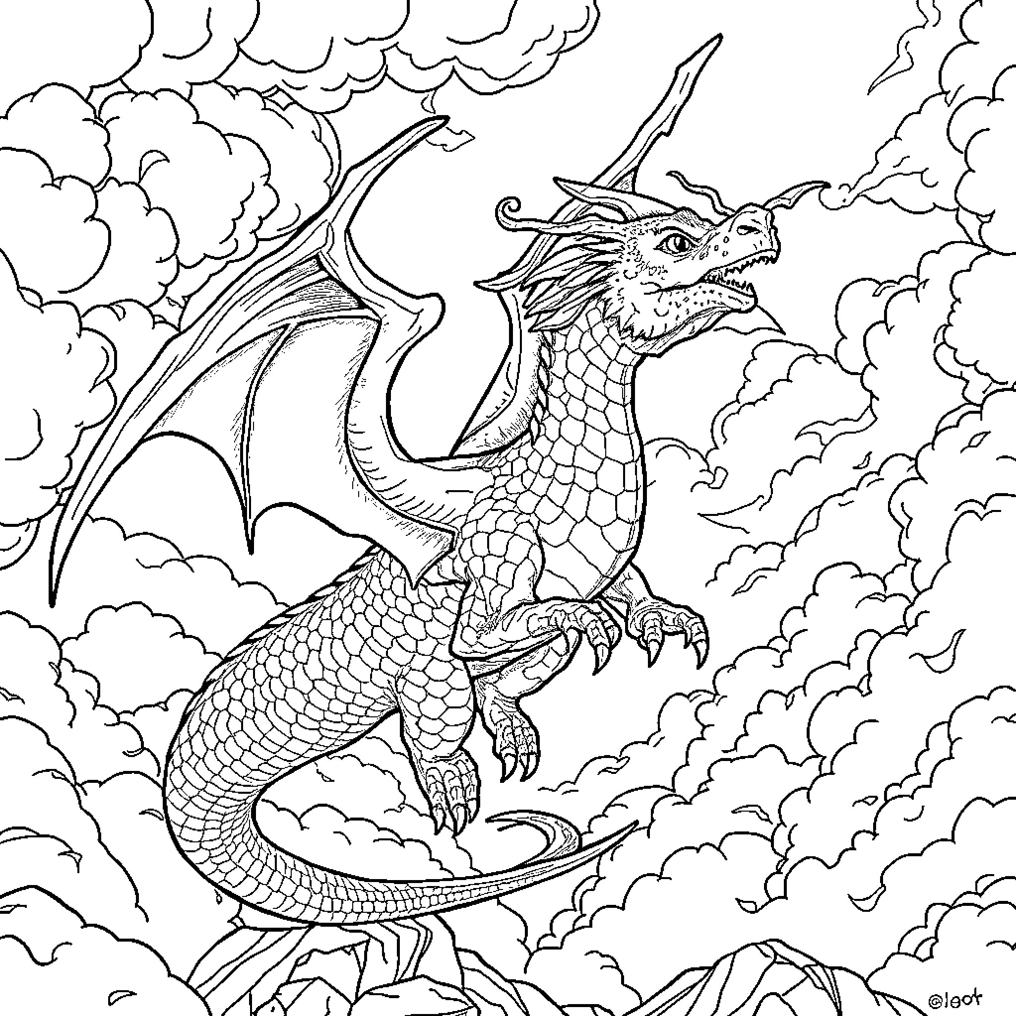 Dragon soaring amidst the clouds Coloring Page (free black-and-white line drawing printable PDF for all, from beginners to advanced learners, including children, teens, adults, and seniors)