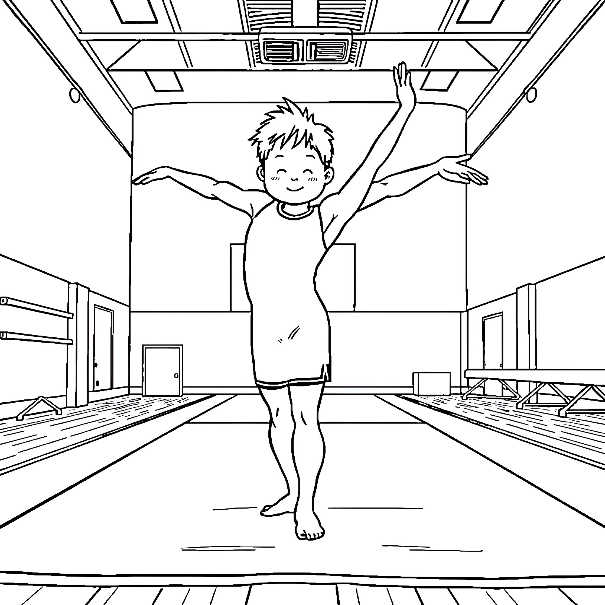 Bluey happily exercising in the gymnastics studio Coloring Page (free black-and-white line drawing printable PDF for all, from beginners to advanced learners, including children, teens, adults, and seniors)