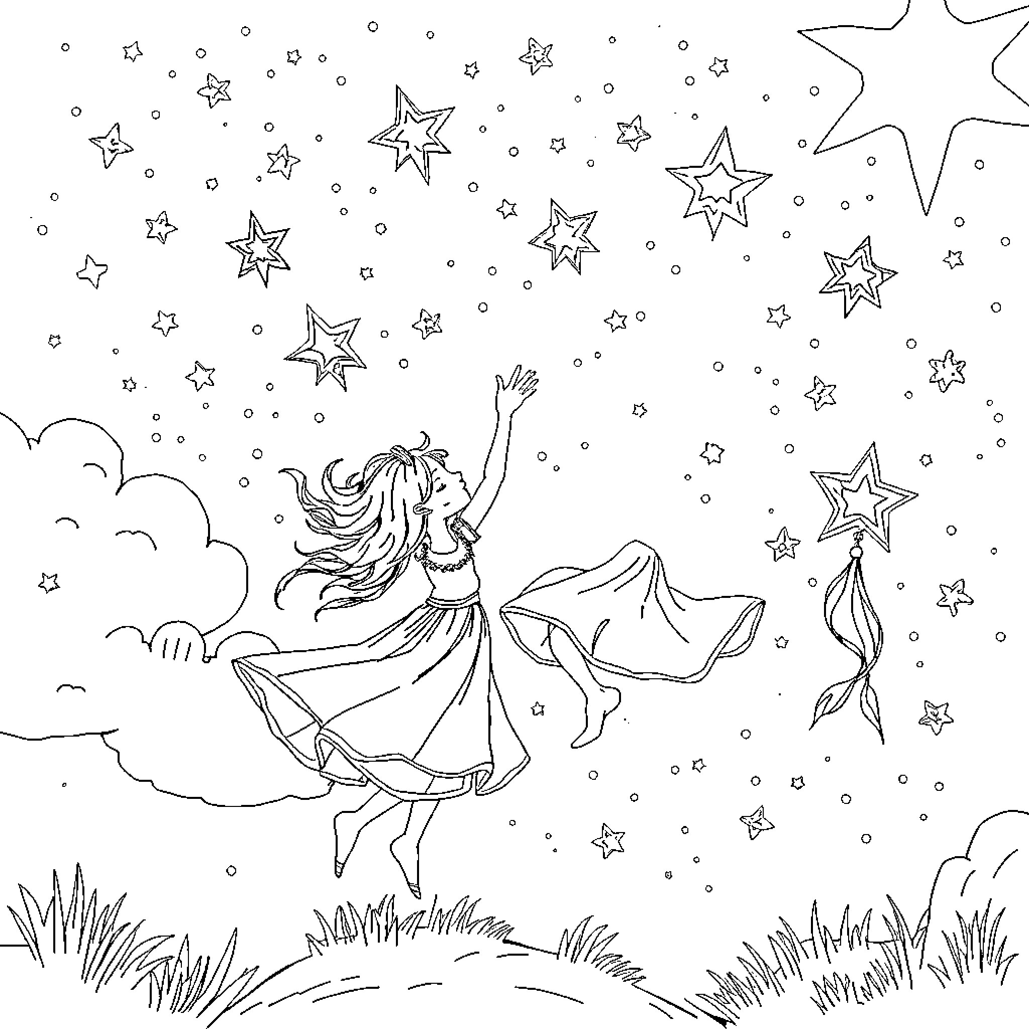 Starcatcher dancing amidst the twinkling stars Coloring Page (free black-and-white line drawing printable PDF for all, from beginners to advanced learners, including children, teens, adults, and seniors)