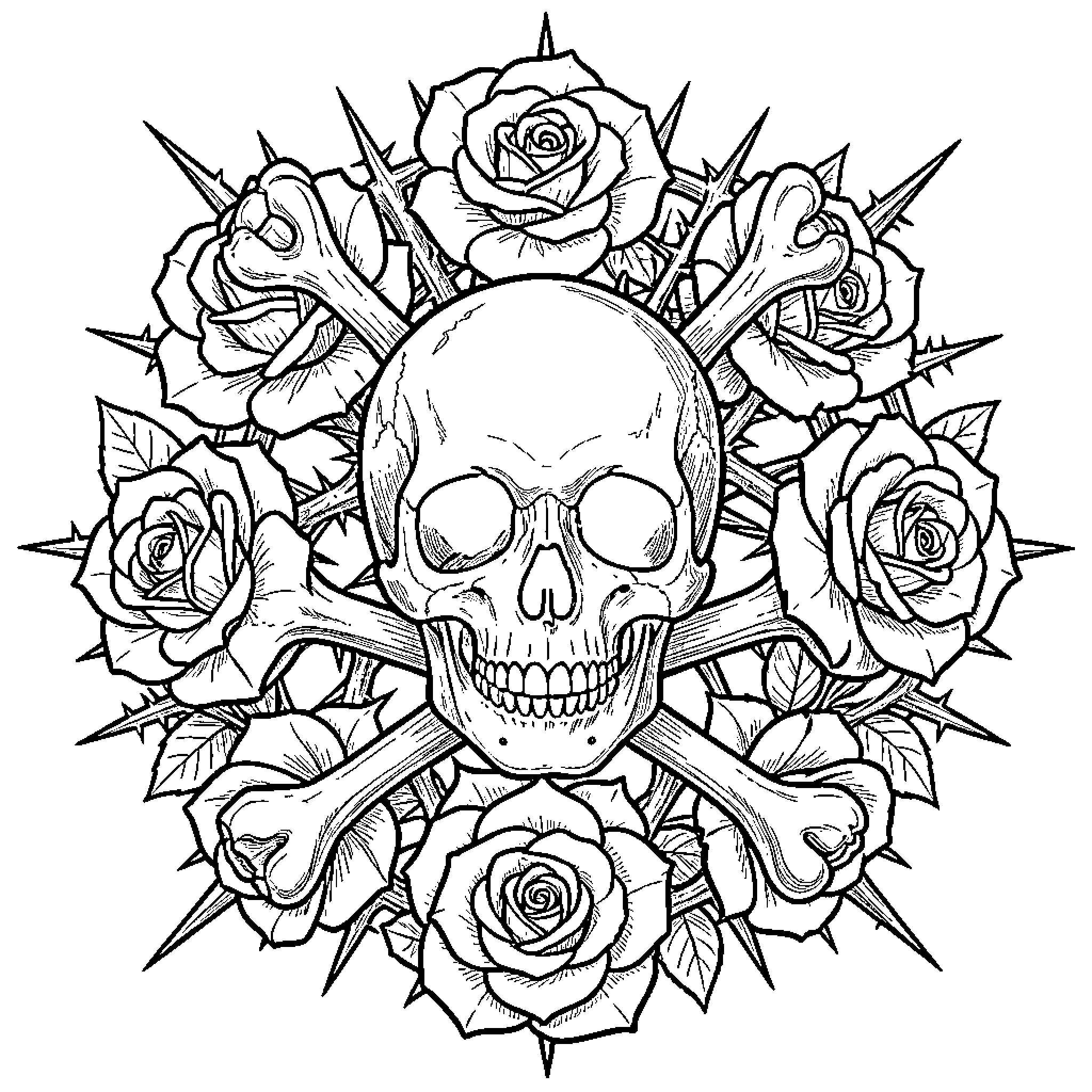 Skull resting among roses and crossed bones Coloring Page (free black-and-white line drawing printable PDF for all, from beginners to advanced learners, including children, teens, adults, and seniors)