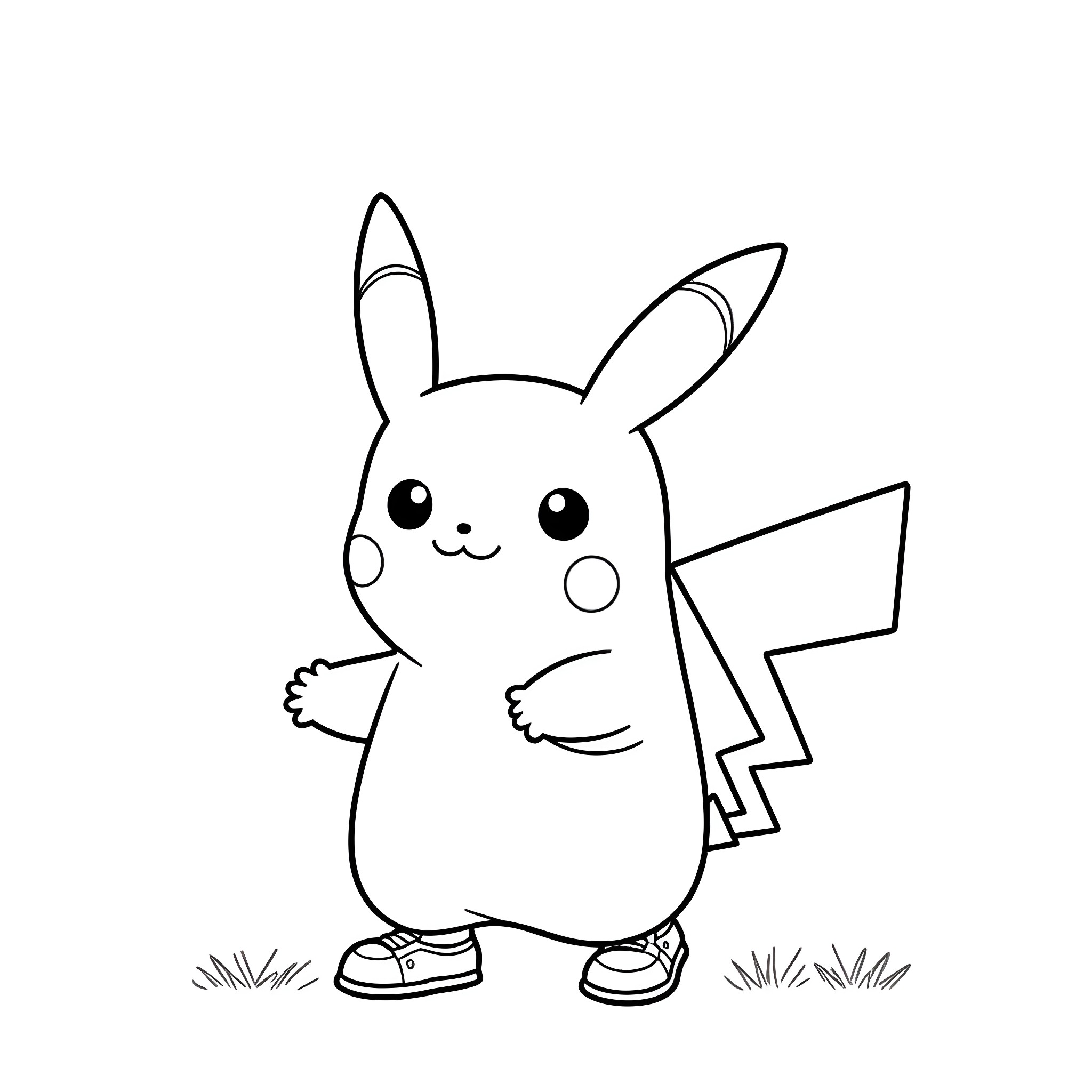 Pikachu happily standing in a field Coloring Page (free black-and-white line drawing printable PDF for all, from beginners to advanced learners, including children, teens, adults, and seniors)
