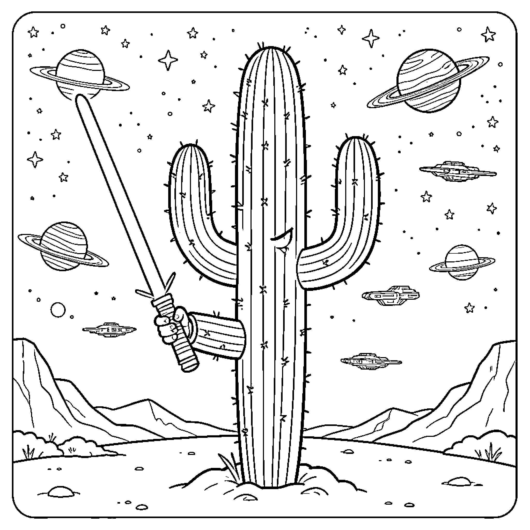 Saguaro cactus in a cosmic landscape Coloring Page (free black-and-white line drawing printable PDF for all, from beginners to advanced learners, including children, teens, adults, and seniors)
