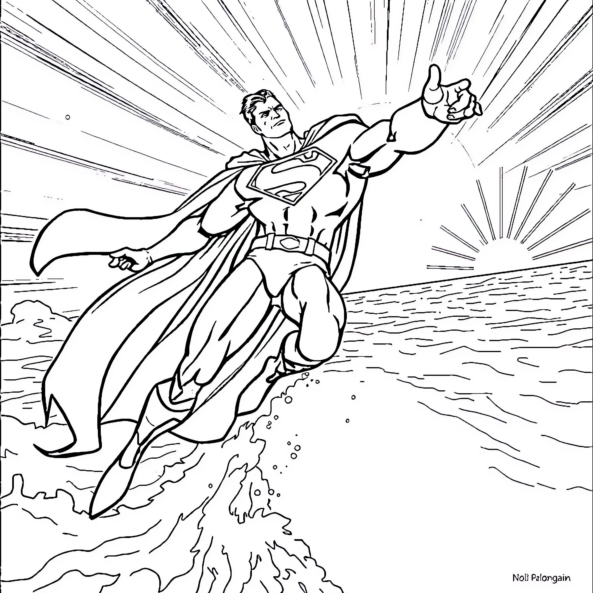 Superman flying heroically through the sky Coloring Page (free black-and-white line drawing printable PDF for all, from beginners to advanced learners, including children, teens, adults, and seniors)