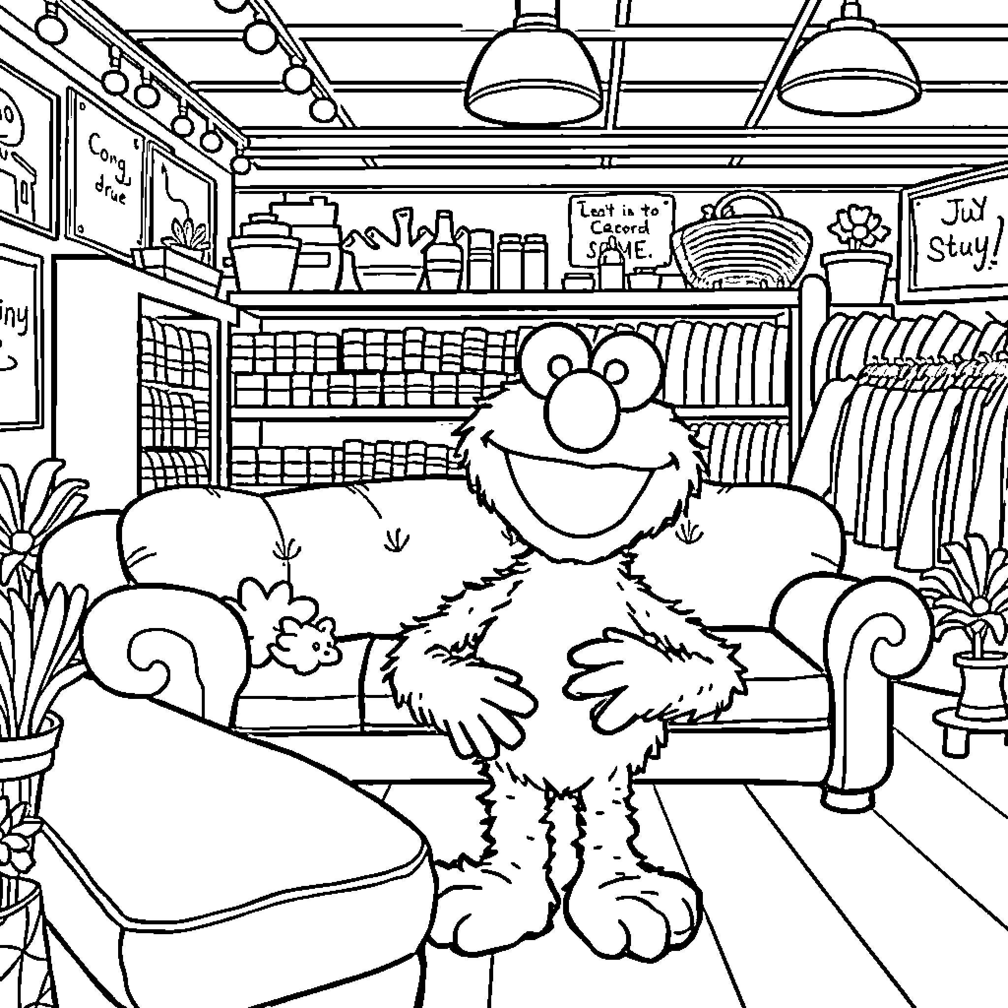 Elmo Exploring a Cozy and Cluttered Living Space Coloring Page (free black-and-white line drawing printable PDF for all, from beginners to advanced learners, including children, teens, adults, and seniors)