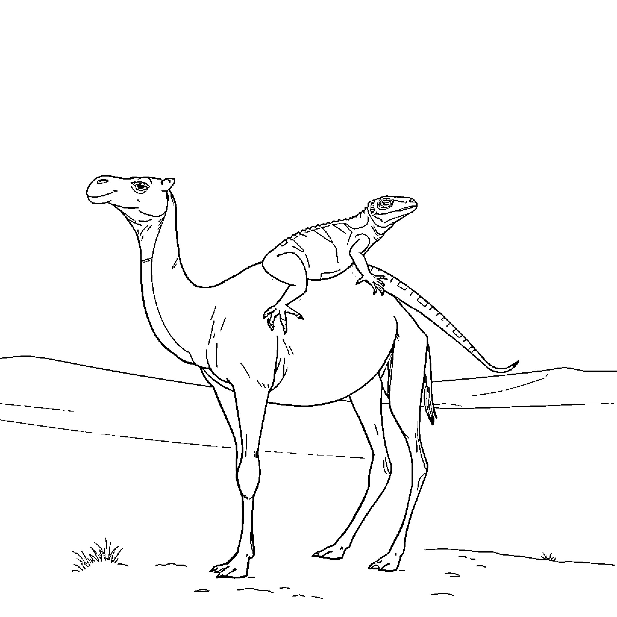 Lizard riding on a camel in the desert Coloring Page (free black-and-white line drawing printable PDF for all, from beginners to advanced learners, including children, teens, adults, and seniors)