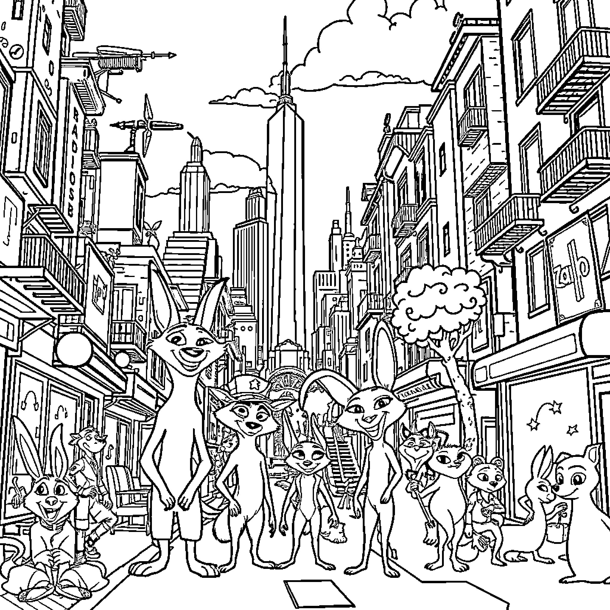 Zootopia: Animals Exploring the Bustling City Coloring Page (free black-and-white line drawing printable PDF for all, from beginners to advanced learners, including children, teens, adults, and seniors)