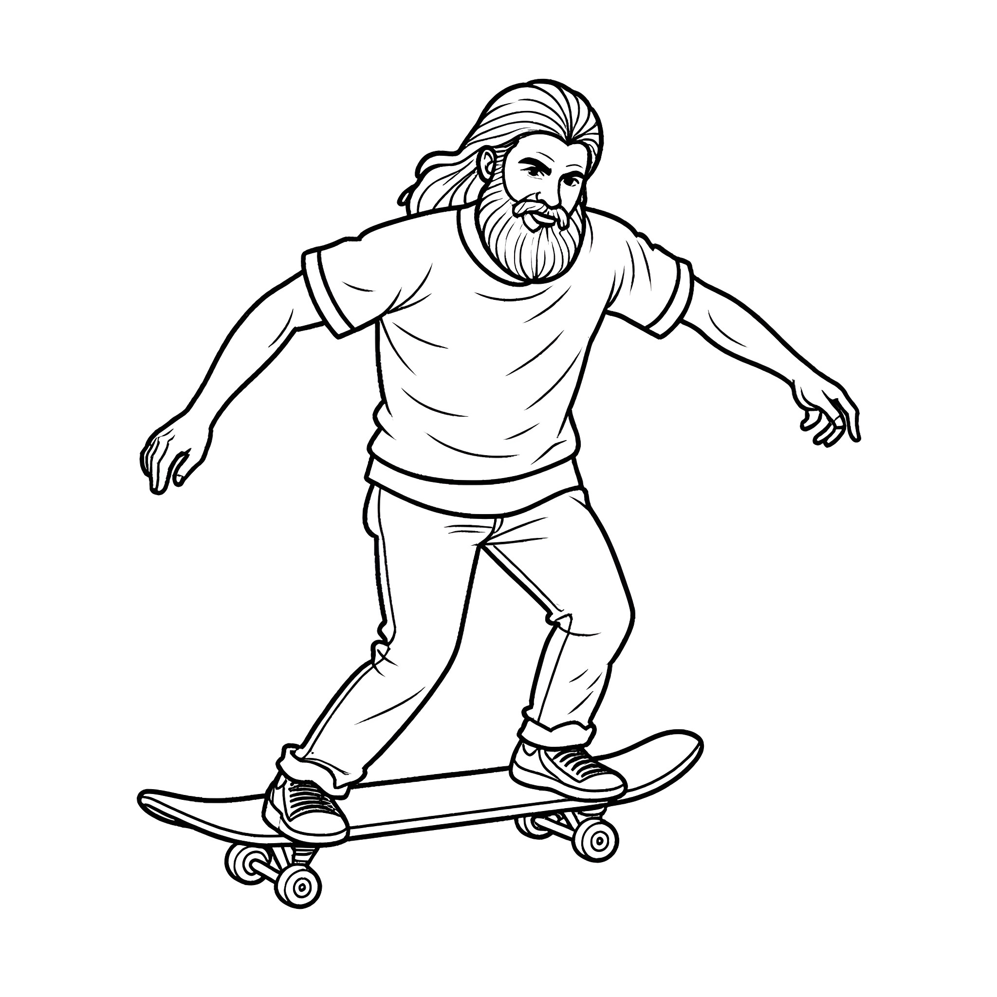Man riding skateboard with a cheerful expression Coloring Page (free black-and-white line drawing printable PDF for all, from beginners to advanced learners, including children, teens, adults, and seniors)