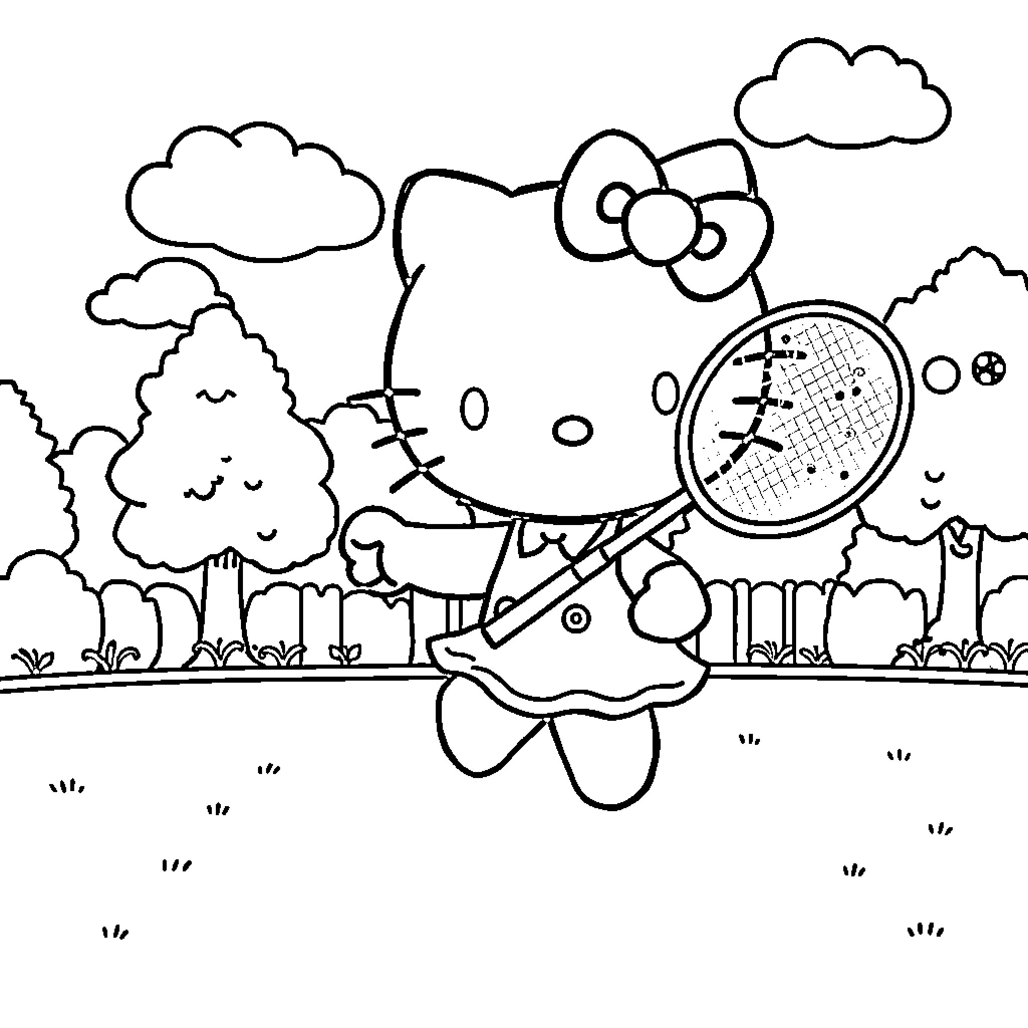 Hello Kitty playing tennis in the park Coloring Page (free black-and-white line drawing printable PDF for all, from beginners to advanced learners, including children, teens, adults, and seniors)