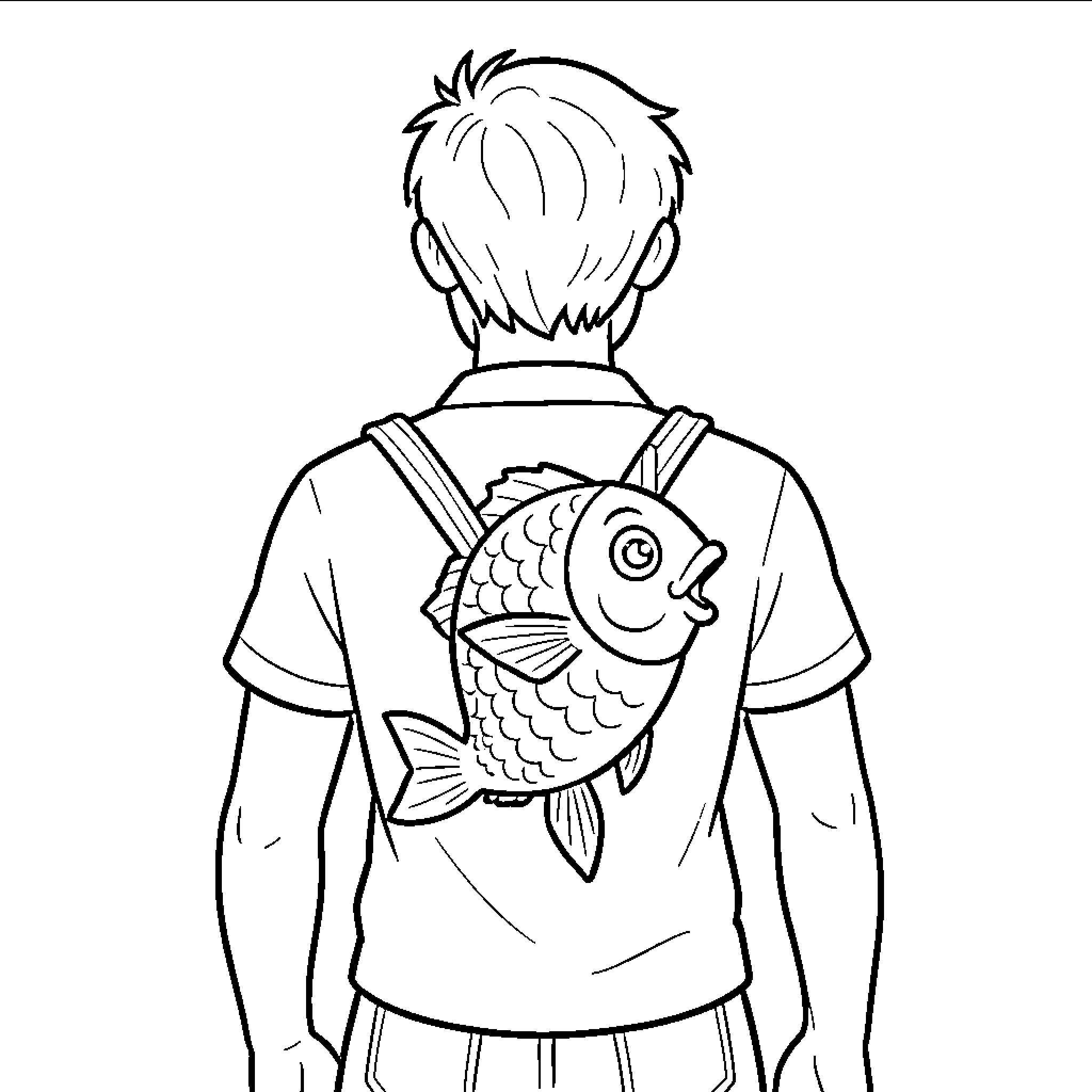 April Fish backpack wearing child walking Coloring Page (free black-and-white line drawing printable PDF for all, from beginners to advanced learners, including children, teens, adults, and seniors)