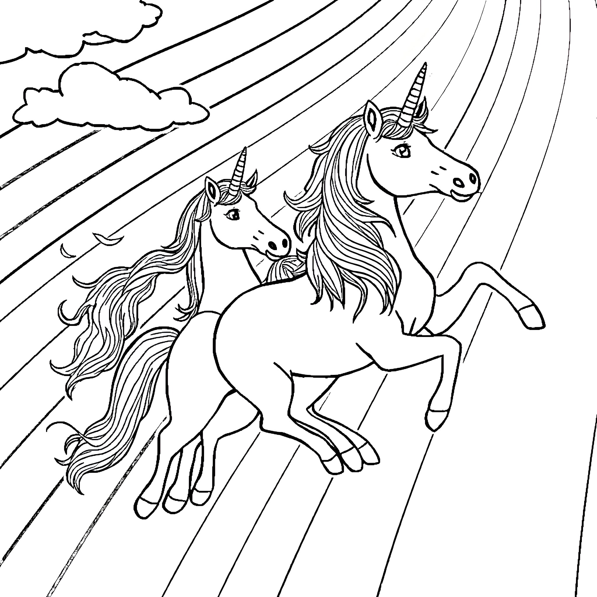 Unicorn pair galloping through enchanted skies Coloring Page (free black-and-white line drawing printable PDF for all, from beginners to advanced learners, including children, teens, adults, and seniors)