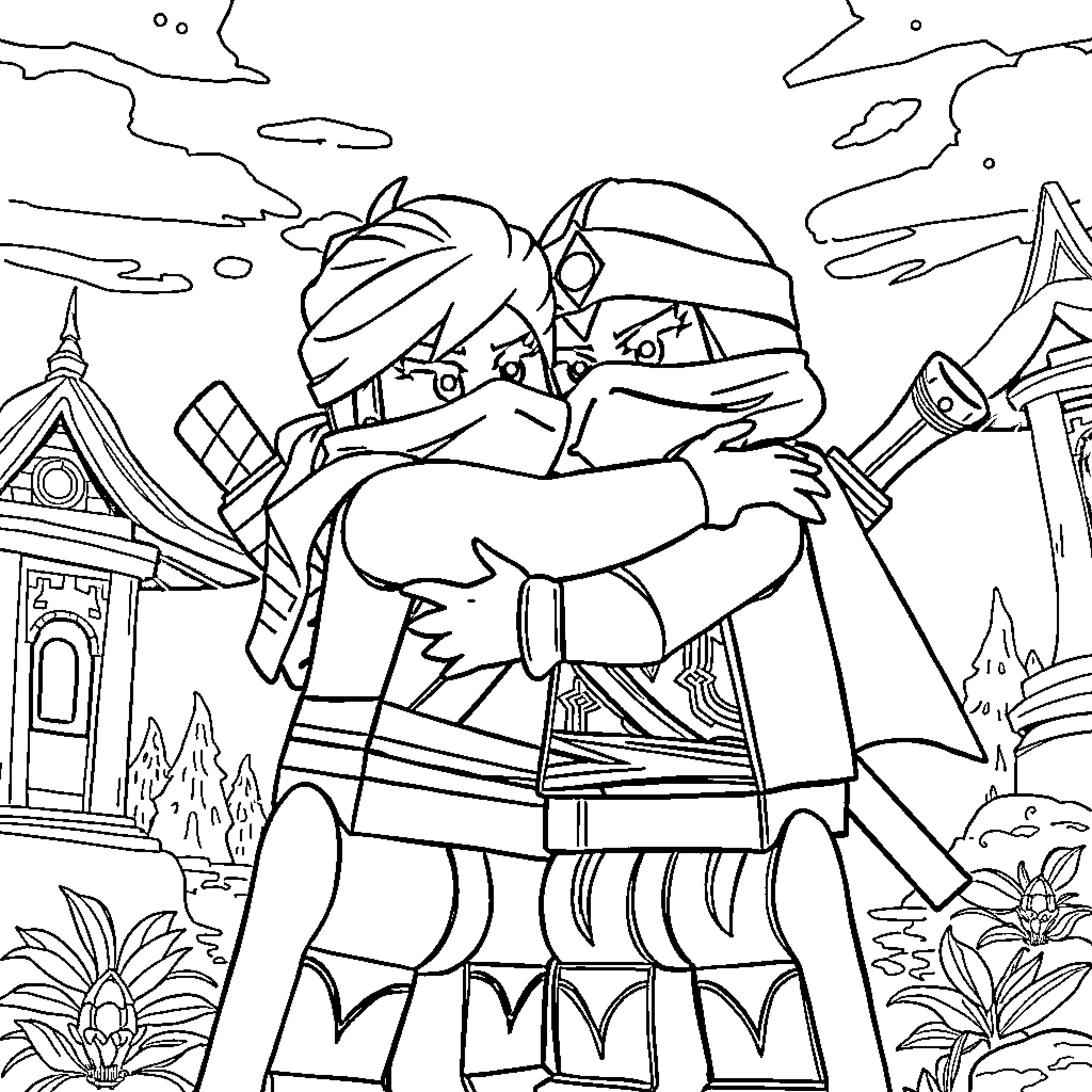 Kai hugging a fellow ninja in a scenic landscape Coloring Page (free black-and-white line drawing printable PDF for all, from beginners to advanced learners, including children, teens, adults, and seniors)