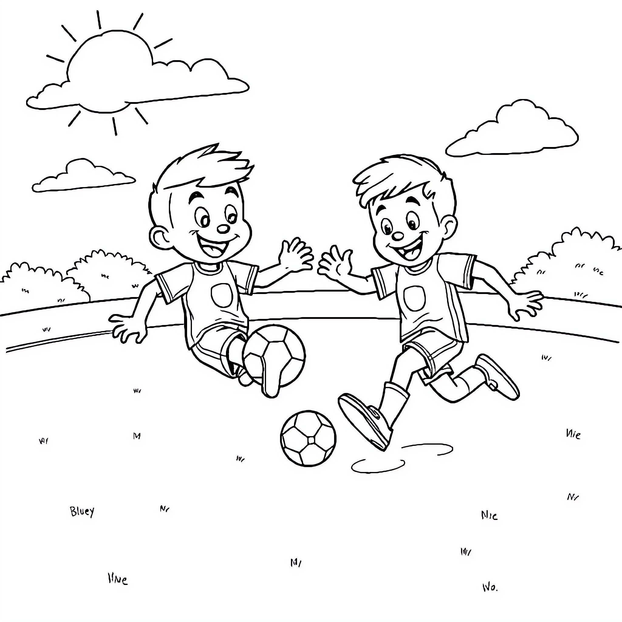 Bluey playing soccer with friend in the park Coloring Page (free black-and-white line drawing printable PDF for all, from beginners to advanced learners, including children, teens, adults, and seniors)