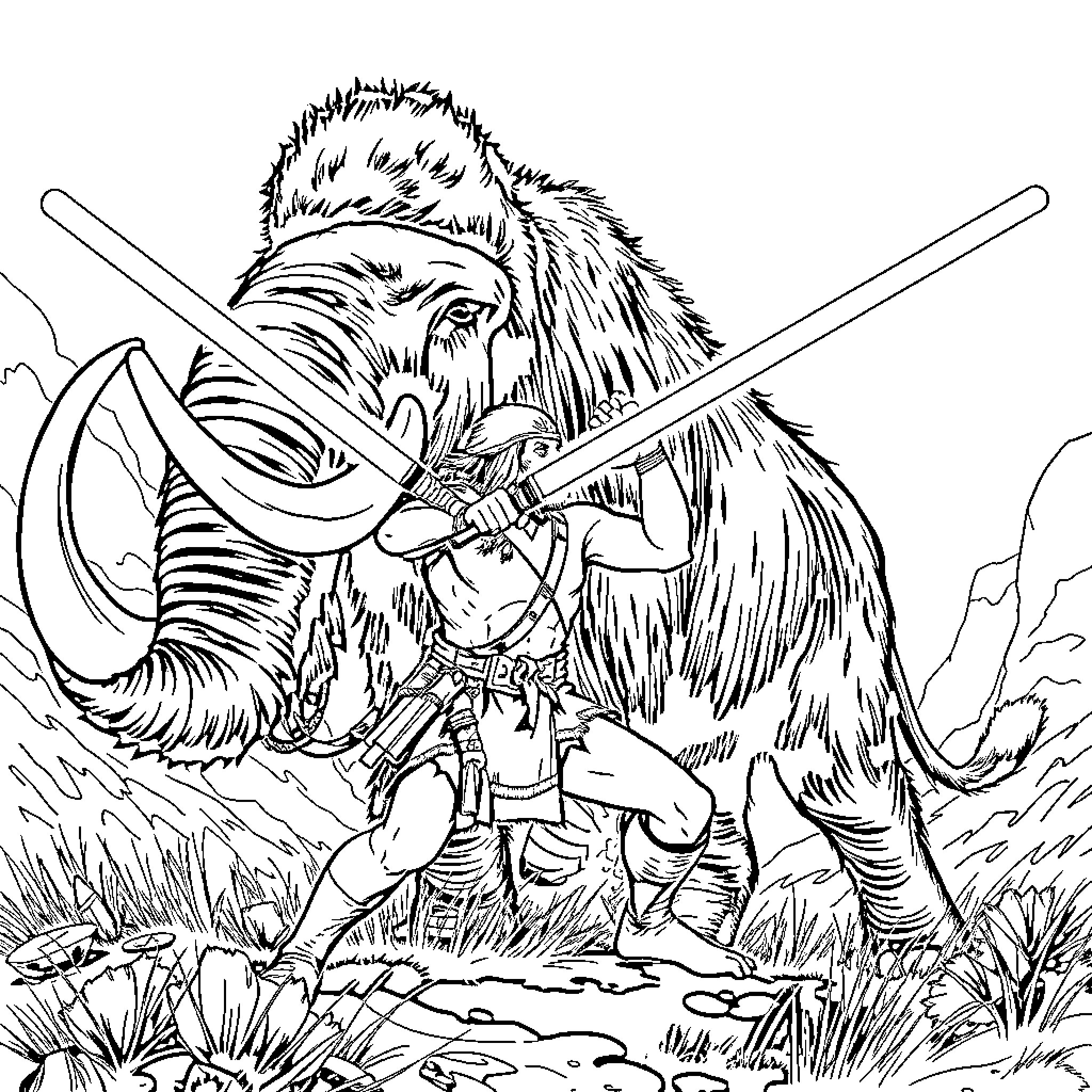 Neanderthal warrior battles a gigantic wooly mammoth Coloring Page (free black-and-white line drawing printable PDF for all, from beginners to advanced learners, including children, teens, adults, and seniors)