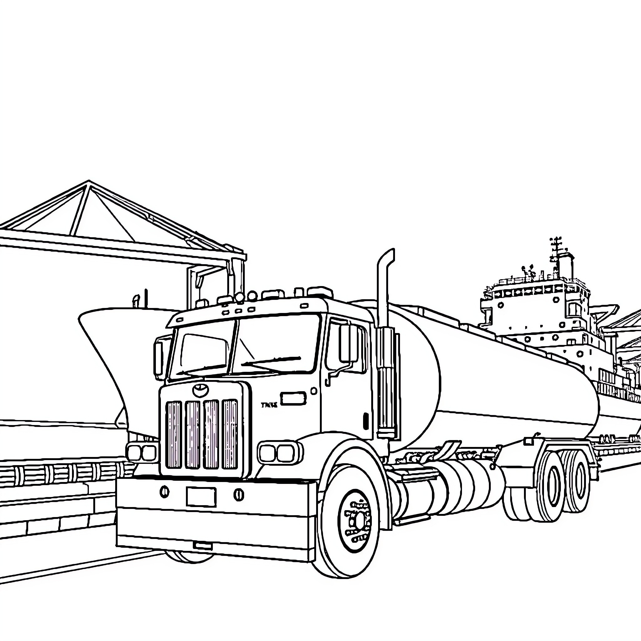 Truck transporting goods at the industrial dock Coloring Page (free black-and-white line drawing printable PDF for all, from beginners to advanced learners, including children, teens, adults, and seniors)