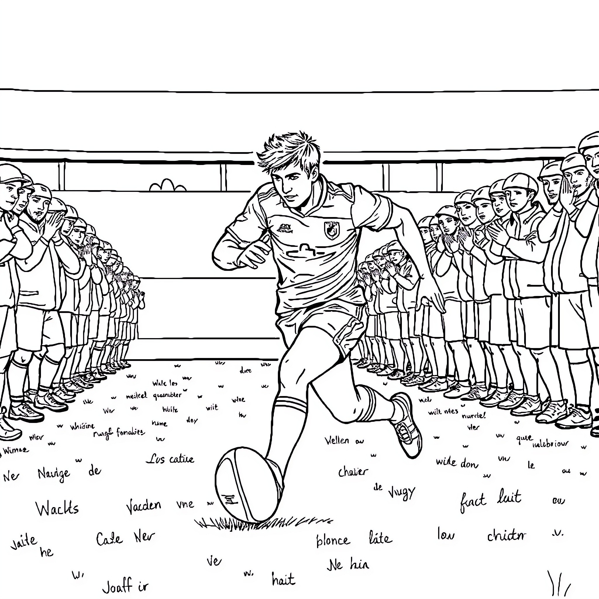 Antoine Dupont leading his team in a rugby match Coloring Page (free black-and-white line drawing printable PDF for all, from beginners to advanced learners, including children, teens, adults, and seniors)