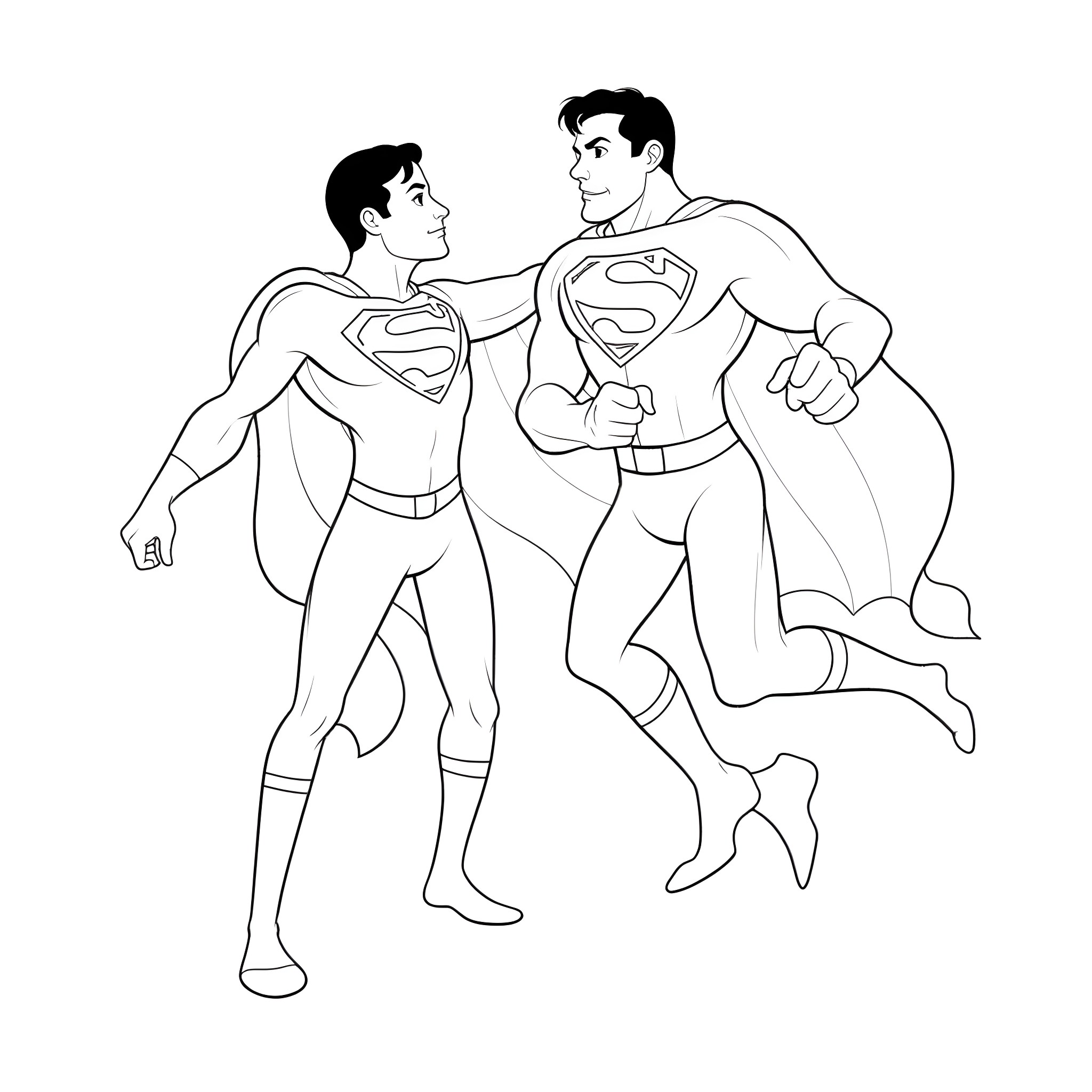 Superman heroes in action stance Coloring Page (free black-and-white line drawing printable PDF for all, from beginners to advanced learners, including children, teens, adults, and seniors)