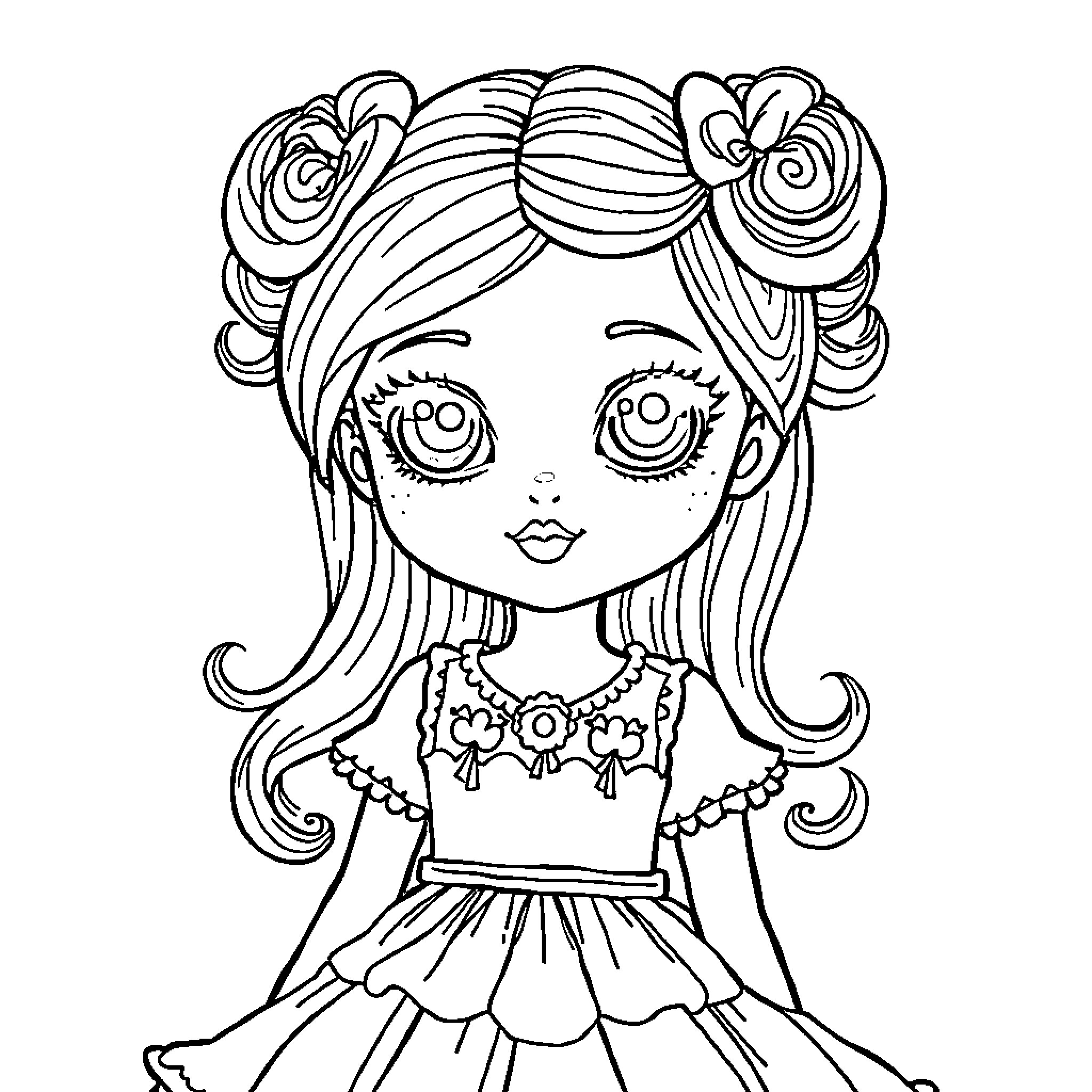 Doll with curly hairstyle and floral dress Coloring Page (free black-and-white line drawing printable PDF for all, from beginners to advanced learners, including children, teens, adults, and seniors)