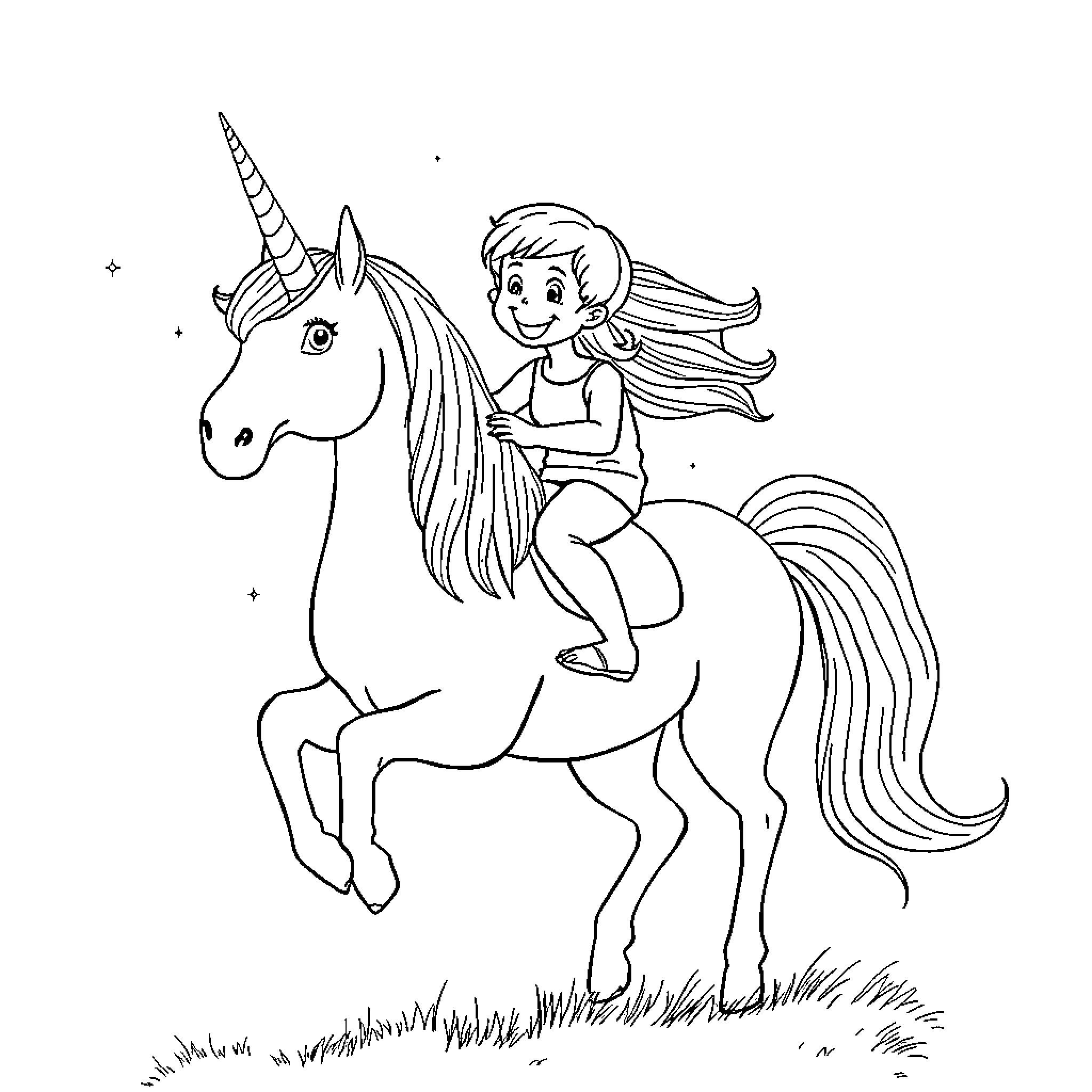 Unicorn and Fairy Girl Exploring the Magical World Coloring Page (free black-and-white line drawing printable PDF for all, from beginners to advanced learners, including children, teens, adults, and seniors)