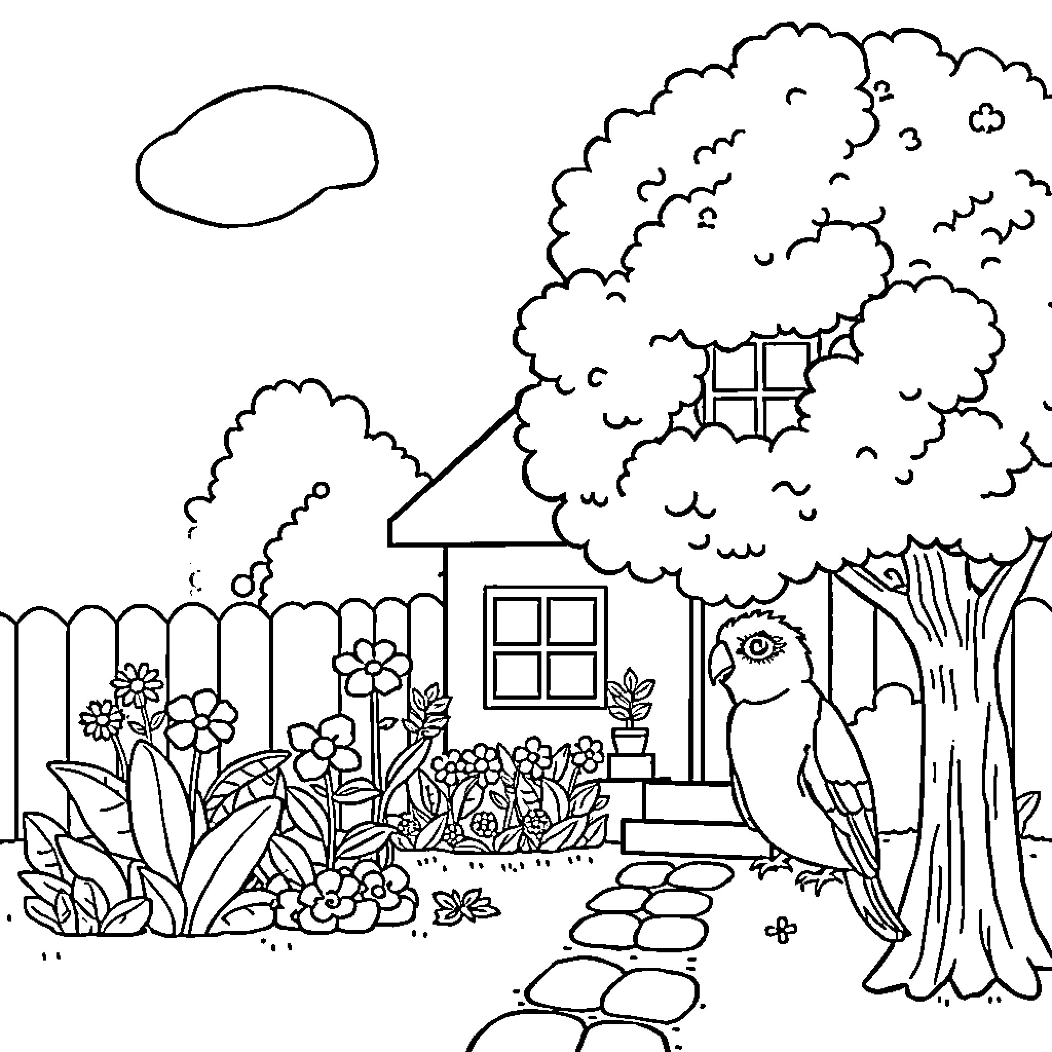 Tree-lined yard with cozy house and wildlife Coloring Page (free black-and-white line drawing printable PDF for all, from beginners to advanced learners, including children, teens, adults, and seniors)