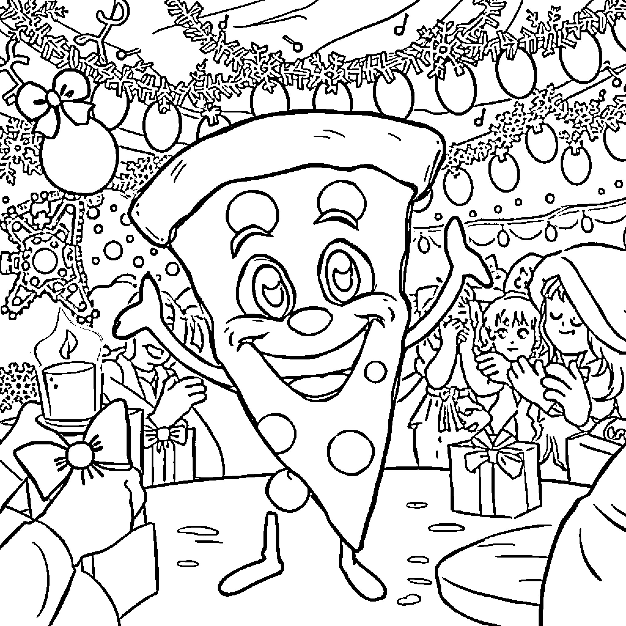 Pizza Party with Cheerful Characters Coloring Page (free black-and-white line drawing printable PDF for all, from beginners to advanced learners, including children, teens, adults, and seniors)