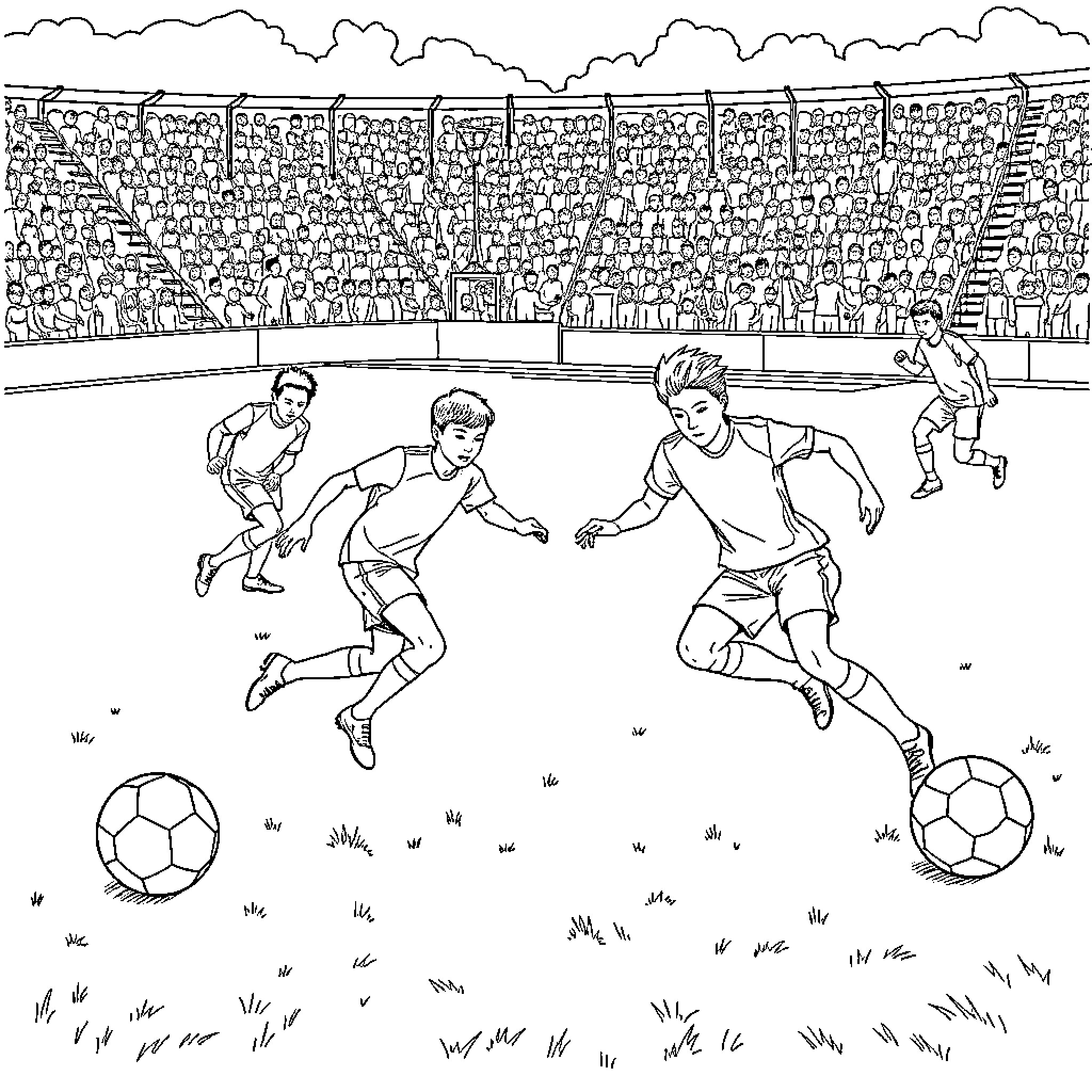 Soccer players competing on the field with enthusiastic crowd Coloring Page (free black-and-white line drawing printable PDF for all, from beginners to advanced learners, including children, teens, adults, and seniors)