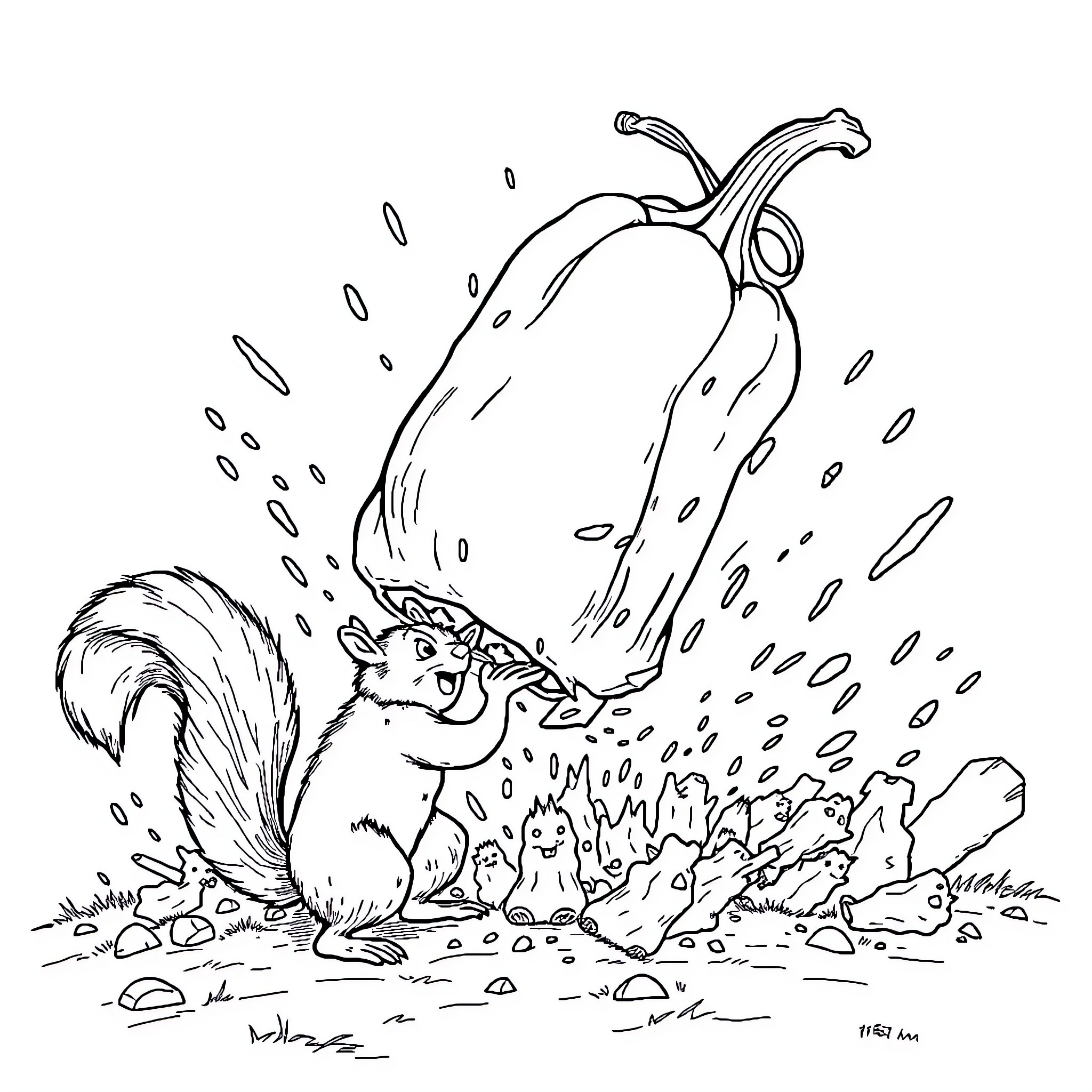 Vegetable squirrel playfully gathering acorns Coloring Page (free black-and-white line drawing printable PDF for all, from beginners to advanced learners, including children, teens, adults, and seniors)