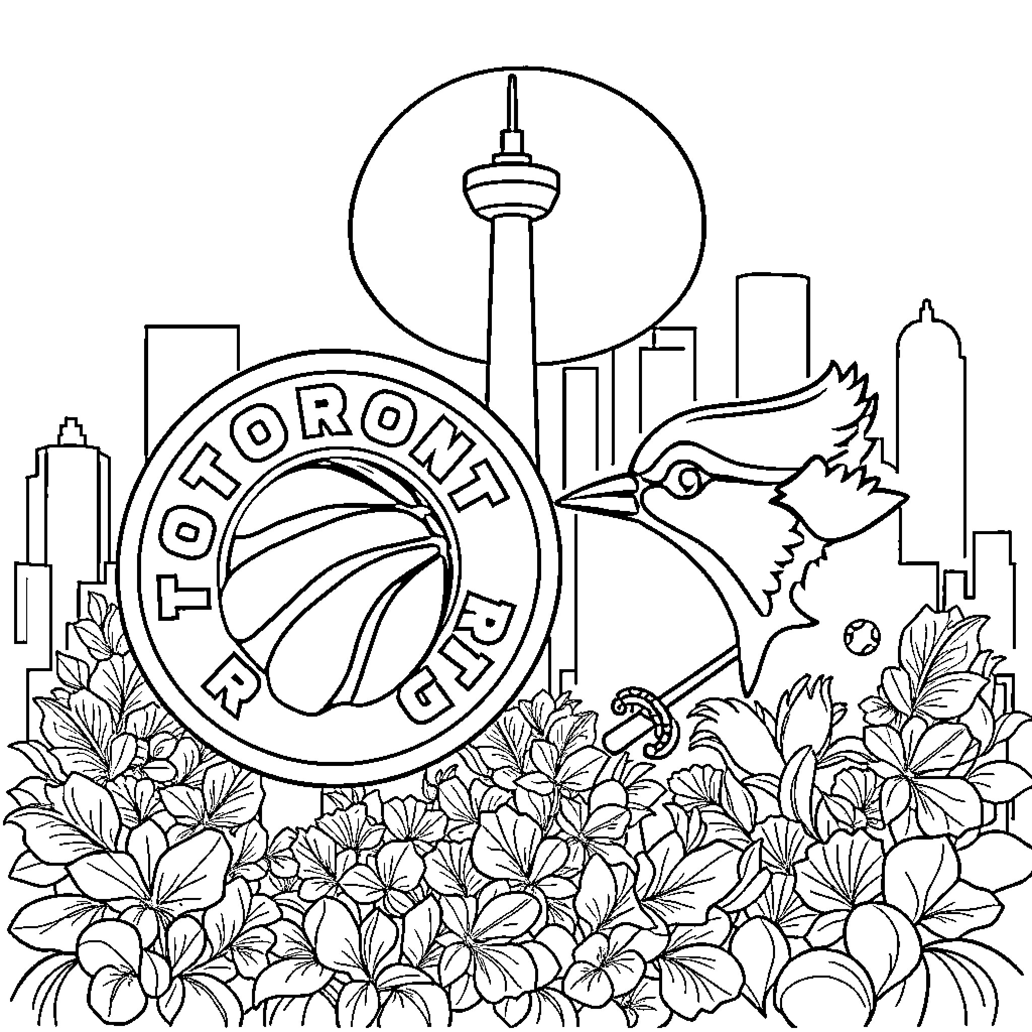 Toronto Raptors logo and skyline surrounded by floral elements Coloring Page (free black-and-white line drawing printable PDF for all, from beginners to advanced learners, including children, teens, adults, and seniors)