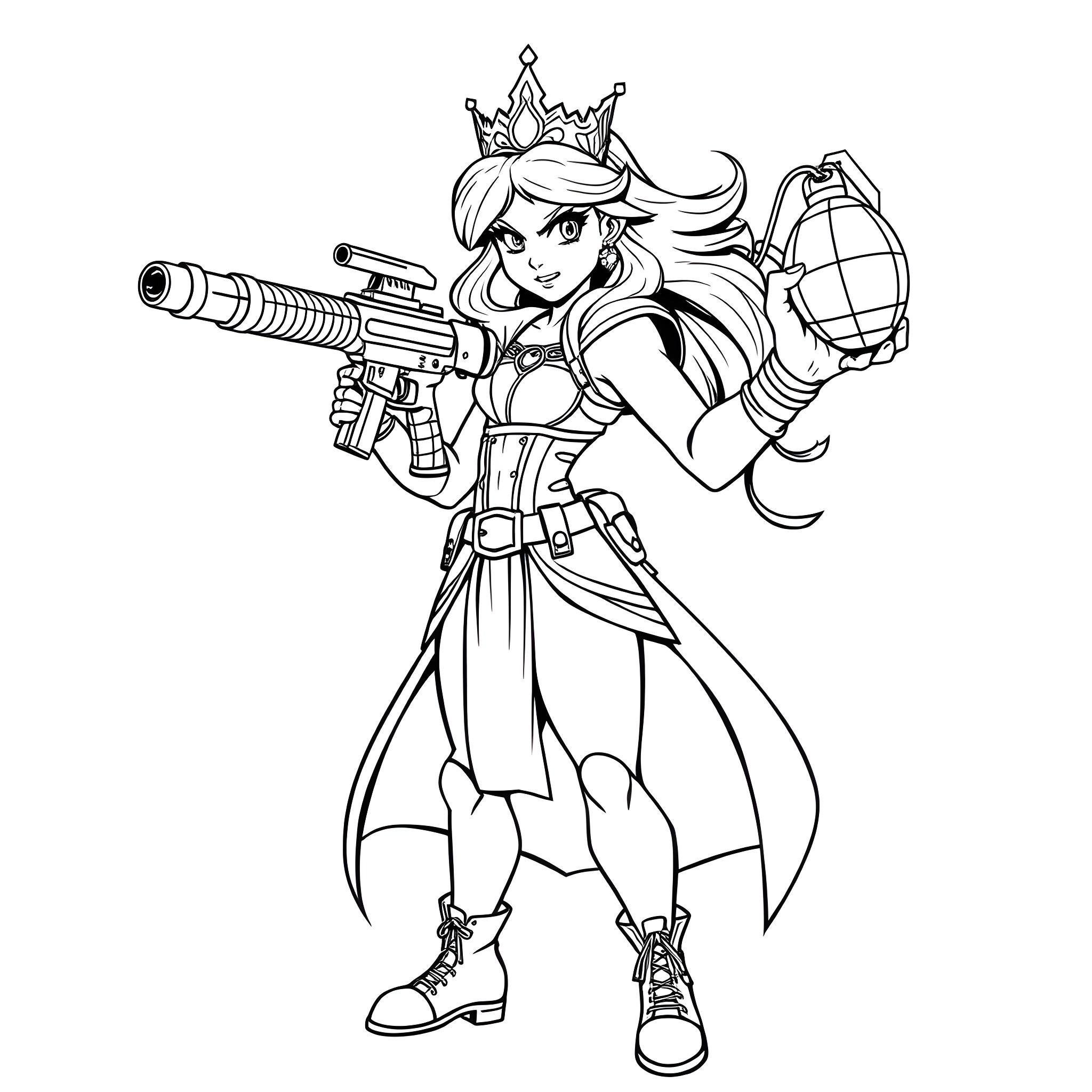 Princess with Weapon in Heroic Pose Coloring Page (free black-and-white line drawing printable PDF for all, from beginners to advanced learners, including children, teens, adults, and seniors)