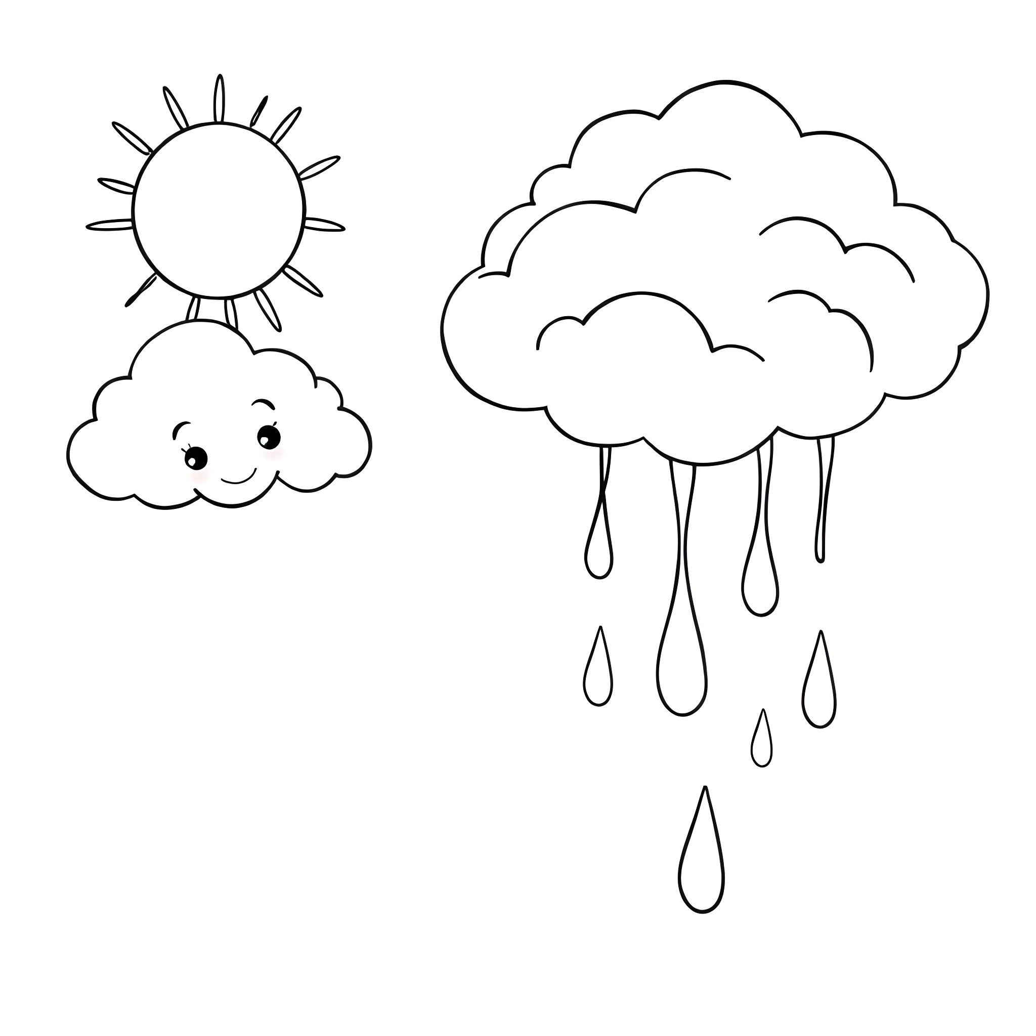 Water, sun, and rain clouds in the sky Coloring Page (free black-and-white line drawing printable PDF for all, from beginners to advanced learners, including children, teens, adults, and seniors)