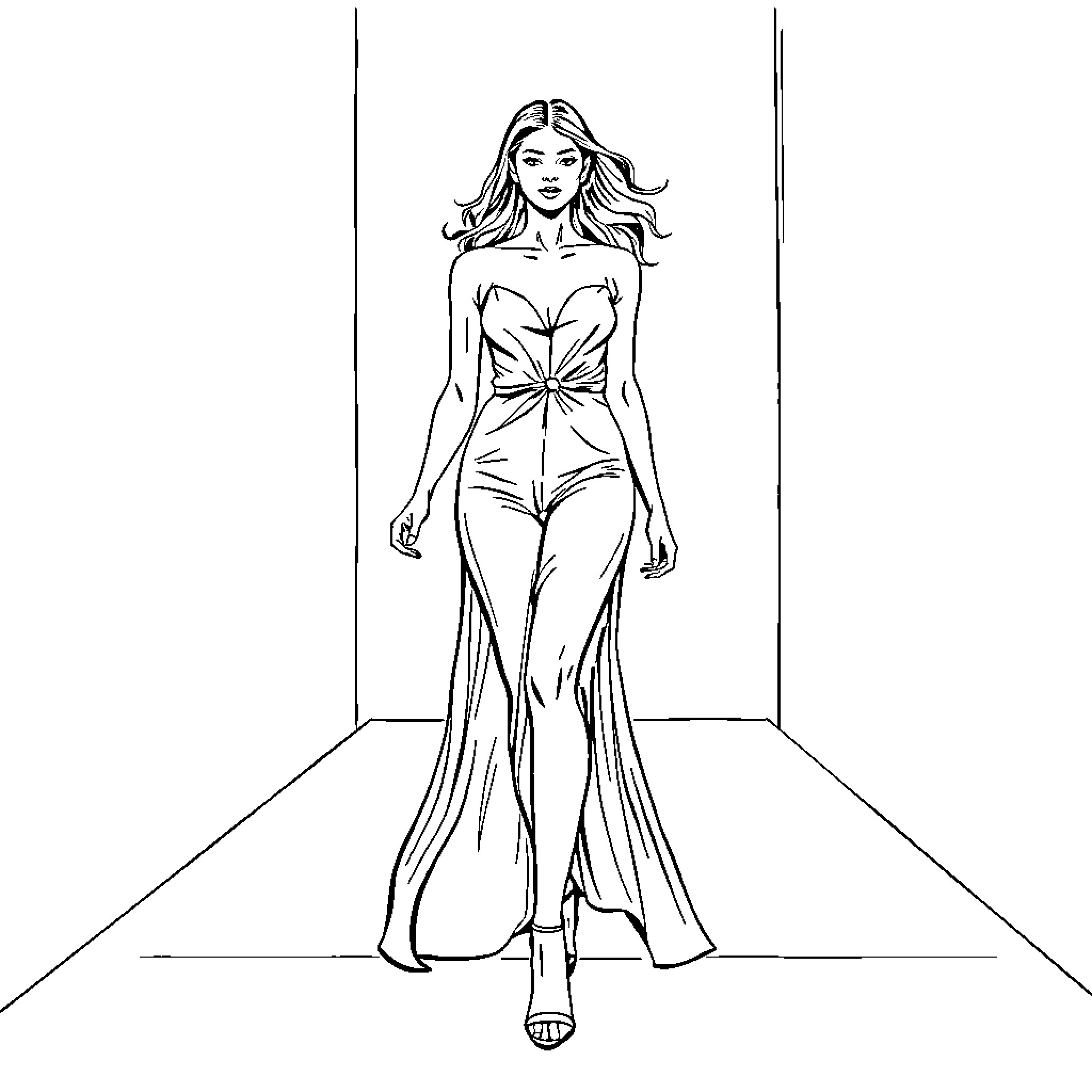 Cristi's Glamorous Fashion Show Strut Coloring Page (free black-and-white line drawing printable PDF for all, from beginners to advanced learners, including children, teens, adults, and seniors)