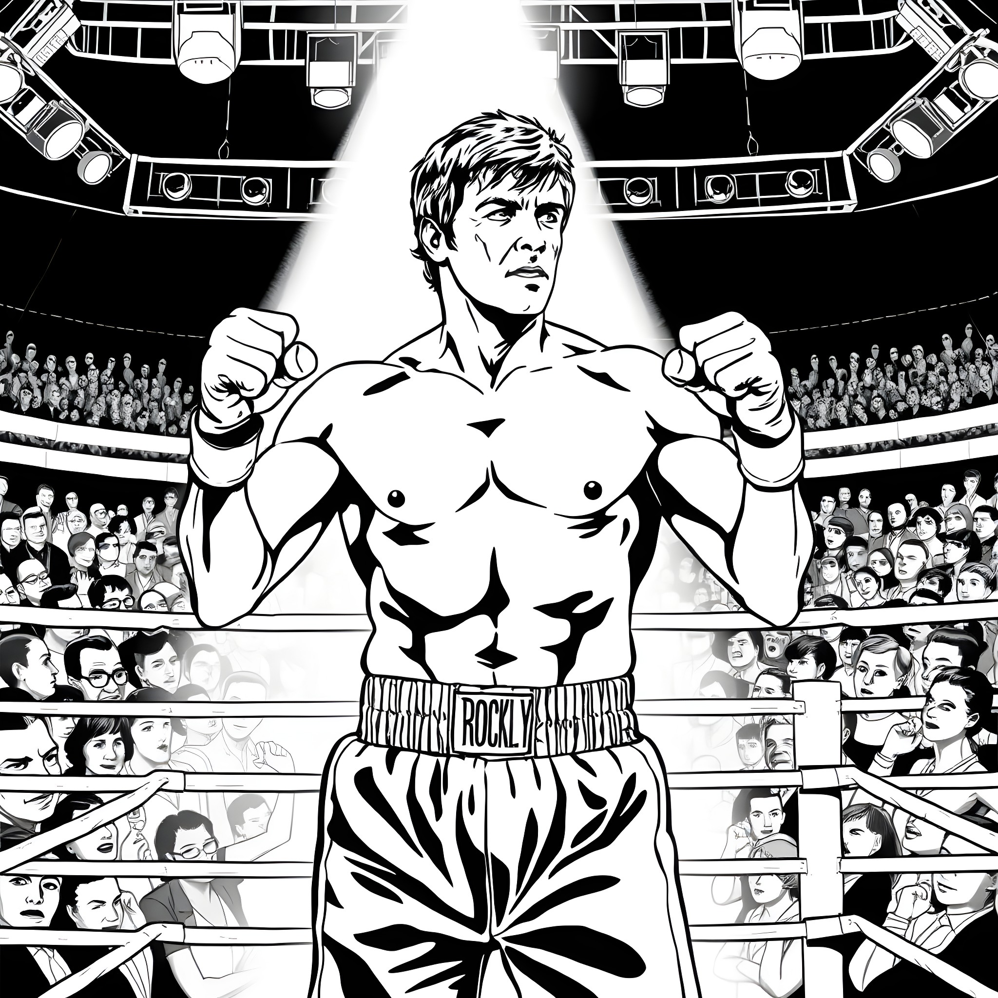 Rocky's Victorious Boxing Match in the Arena Coloring Page (free black-and-white line drawing printable PDF for all, from beginners to advanced learners, including children, teens, adults, and seniors)