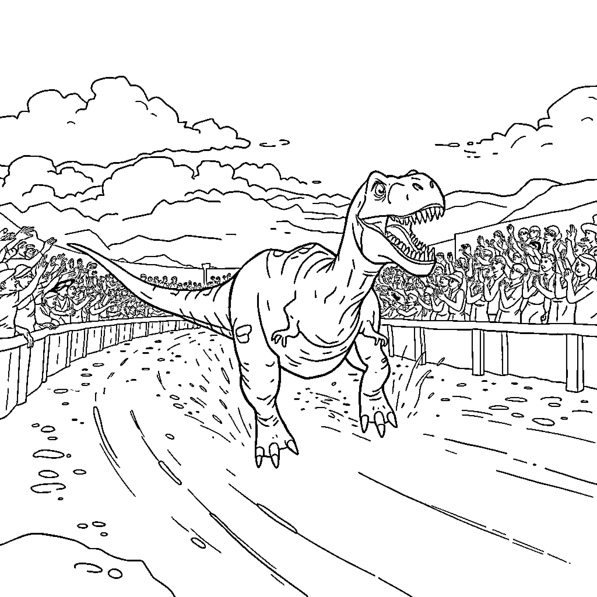 Dinosaur Roaring at Excited Crowd on Boardwalk Coloring Page (free black-and-white line drawing printable PDF for all, from beginners to advanced learners, including children, teens, adults, and seniors)