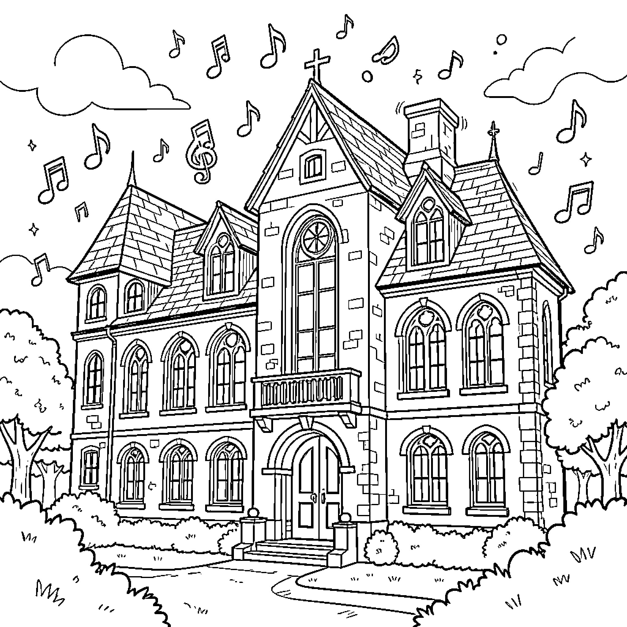 Magic School building surrounded by floating musical notes Coloring Page (free black-and-white line drawing printable PDF for all, from beginners to advanced learners, including children, teens, adults, and seniors)