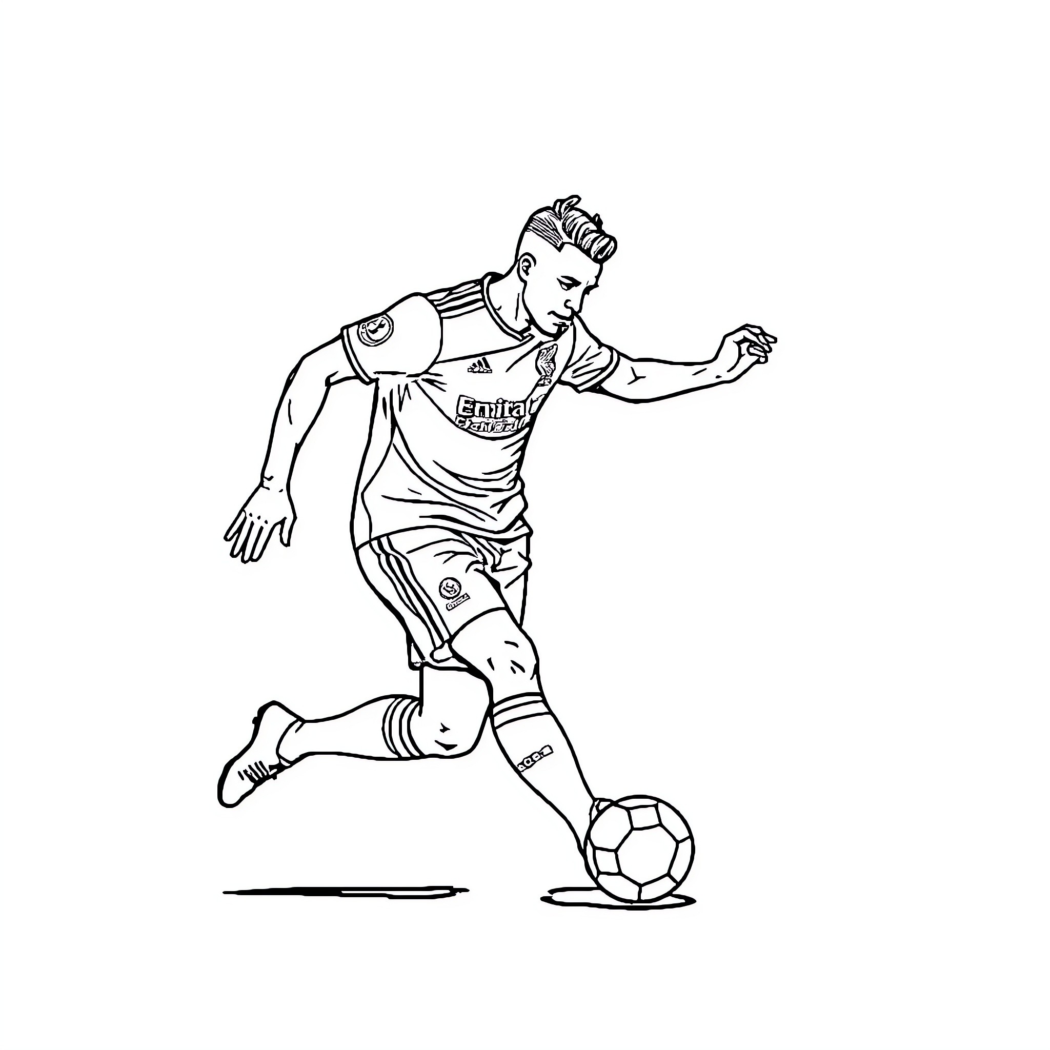 Sadio Mane in action, dribbling with soccer ball Coloring Page (free black-and-white line drawing printable PDF for all, from beginners to advanced learners, including children, teens, adults, and seniors)