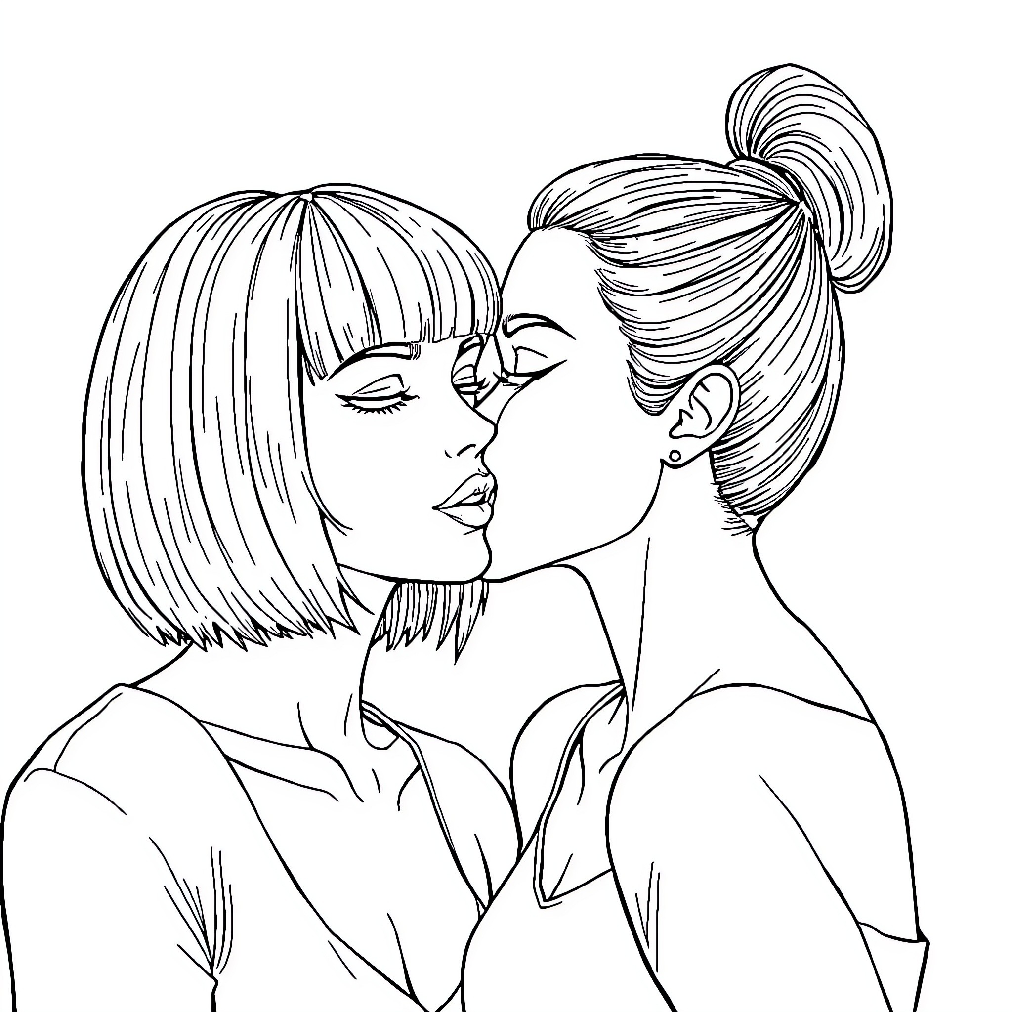 Woman embracing affectionately with stylish hairstyles Coloring Page (free black-and-white line drawing printable PDF for all, from beginners to advanced learners, including children, teens, adults, and seniors)