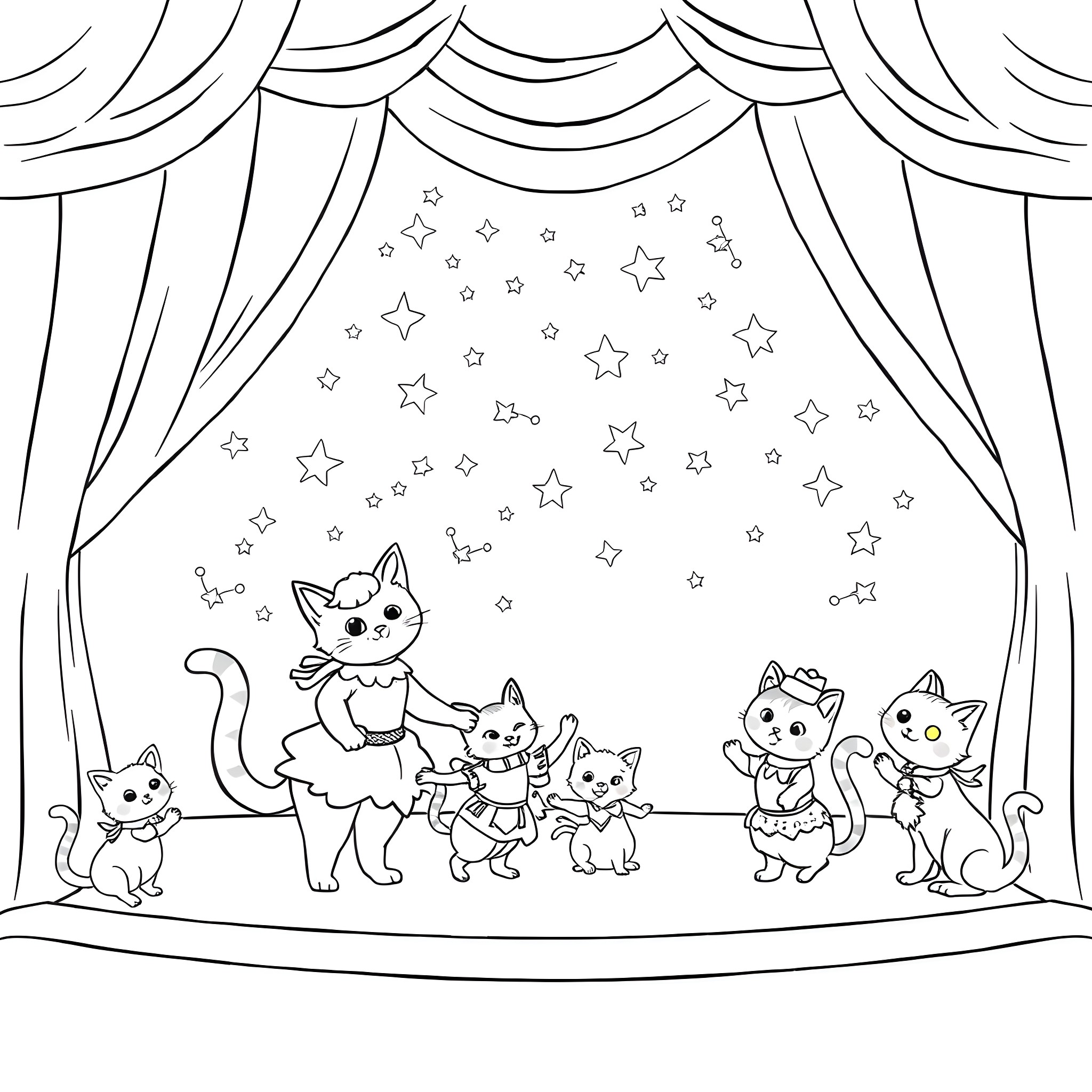 Cat Performers on Stage with Stars Coloring Page (free black-and-white line drawing printable PDF for all, from beginners to advanced learners, including children, teens, adults, and seniors)