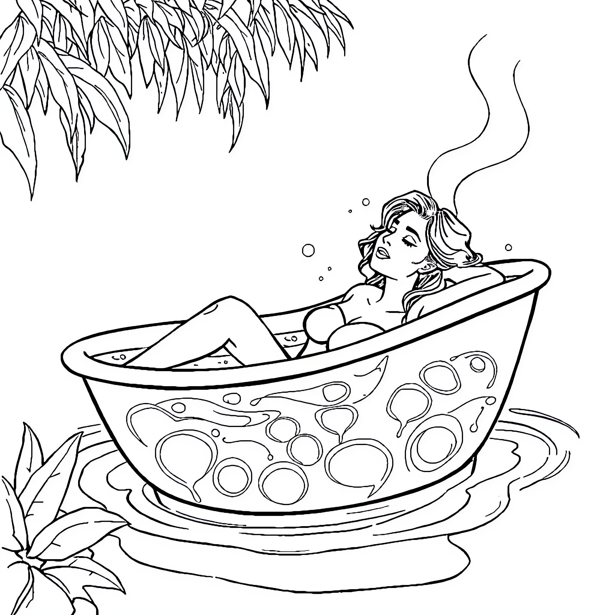 Woman relaxing in a bubble bath Coloring Page (free black-and-white line drawing printable PDF for all, from beginners to advanced learners, including children, teens, adults, and seniors)