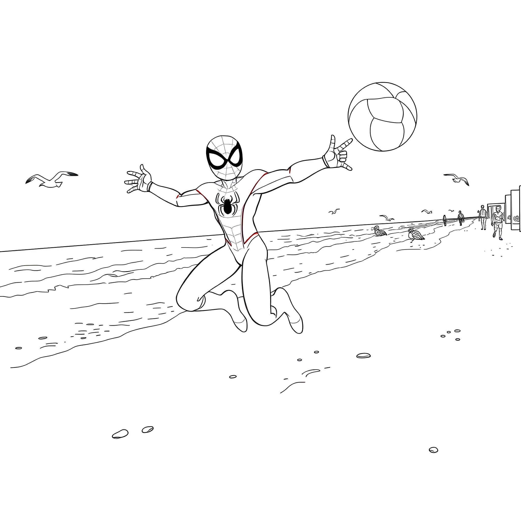 Spidey soaring through the air with a web-slinging adventure Coloring Page (free black-and-white line drawing printable PDF for all, from beginners to advanced learners, including children, teens, adults, and seniors)