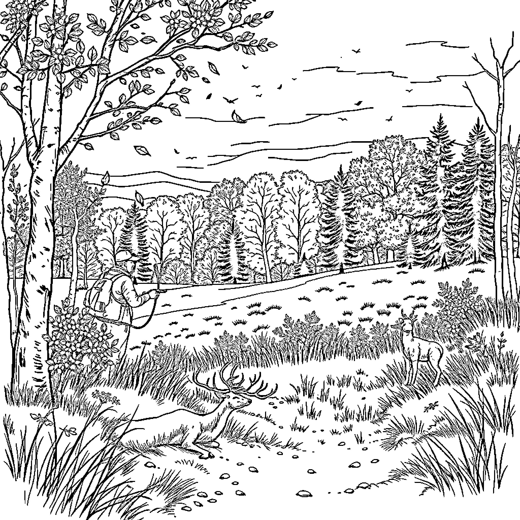 Deer roaming through a serene forest landscape Coloring Page (free black-and-white line drawing printable PDF for all, from beginners to advanced learners, including children, teens, adults, and seniors)