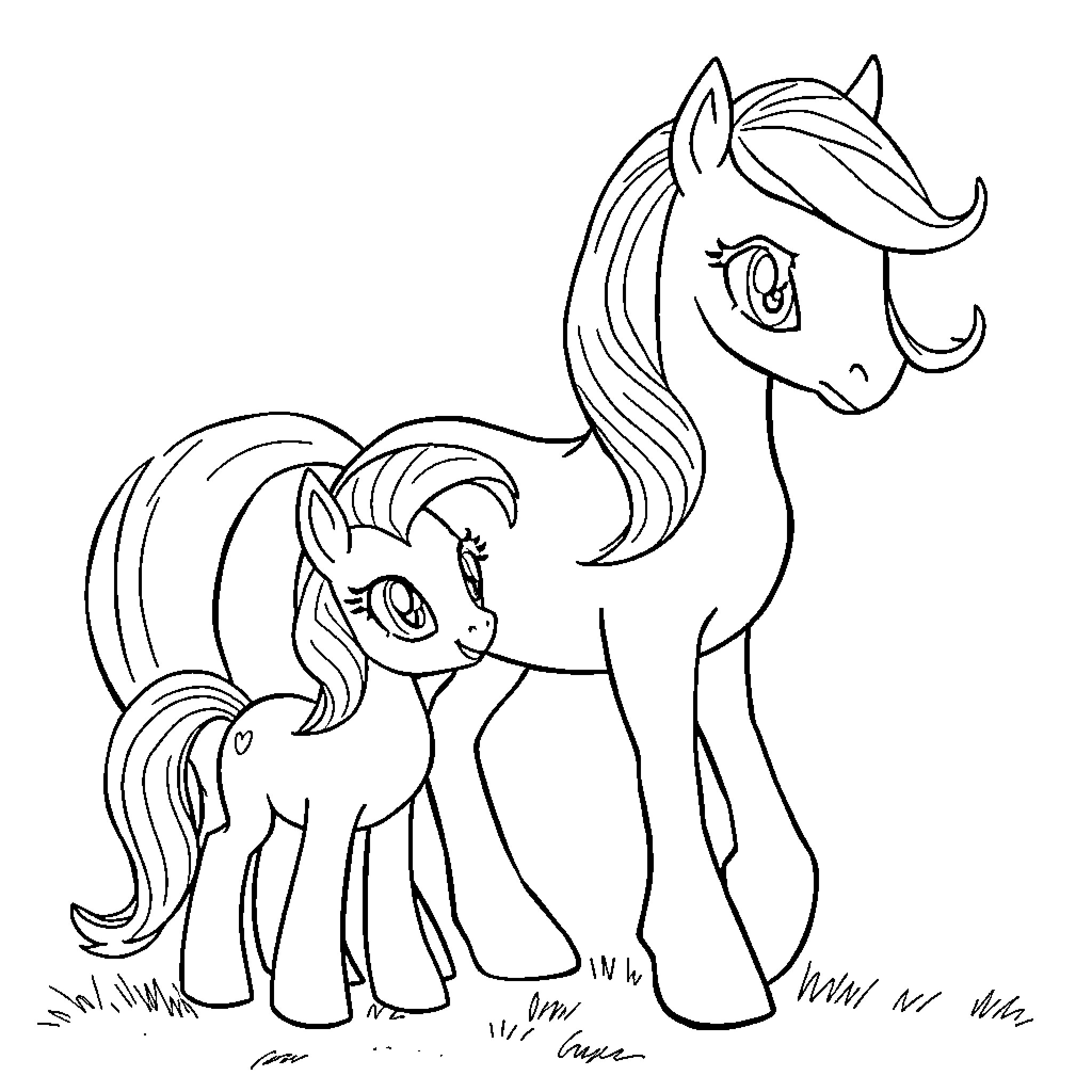 Pony characters standing together Coloring Page (free black-and-white line drawing printable PDF for all, from beginners to advanced learners, including children, teens, adults, and seniors)