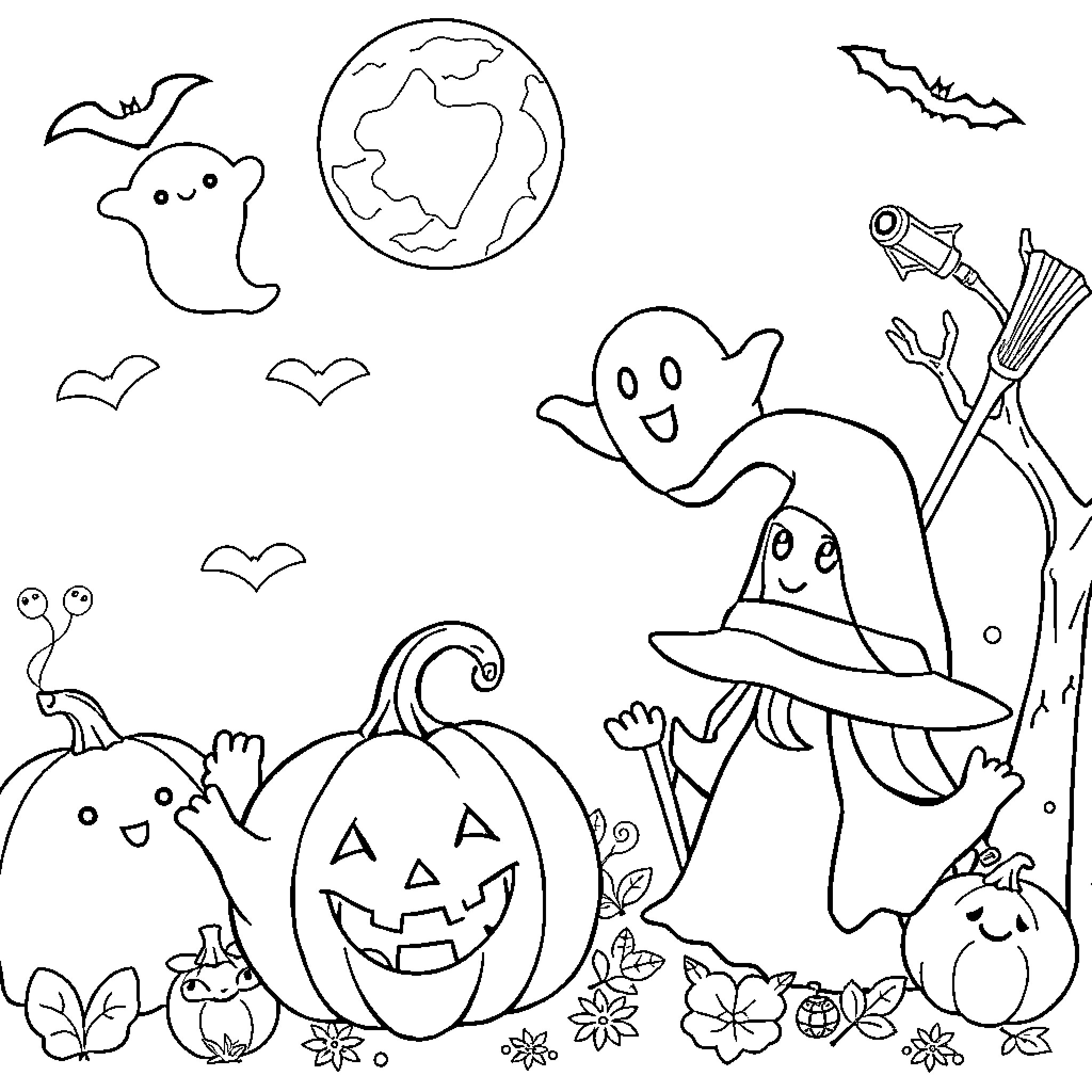 Halloween Ghosts, Pumpkins, and Bats in Nature Coloring Page (free black-and-white line drawing printable PDF for all, from beginners to advanced learners, including children, teens, adults, and seniors)