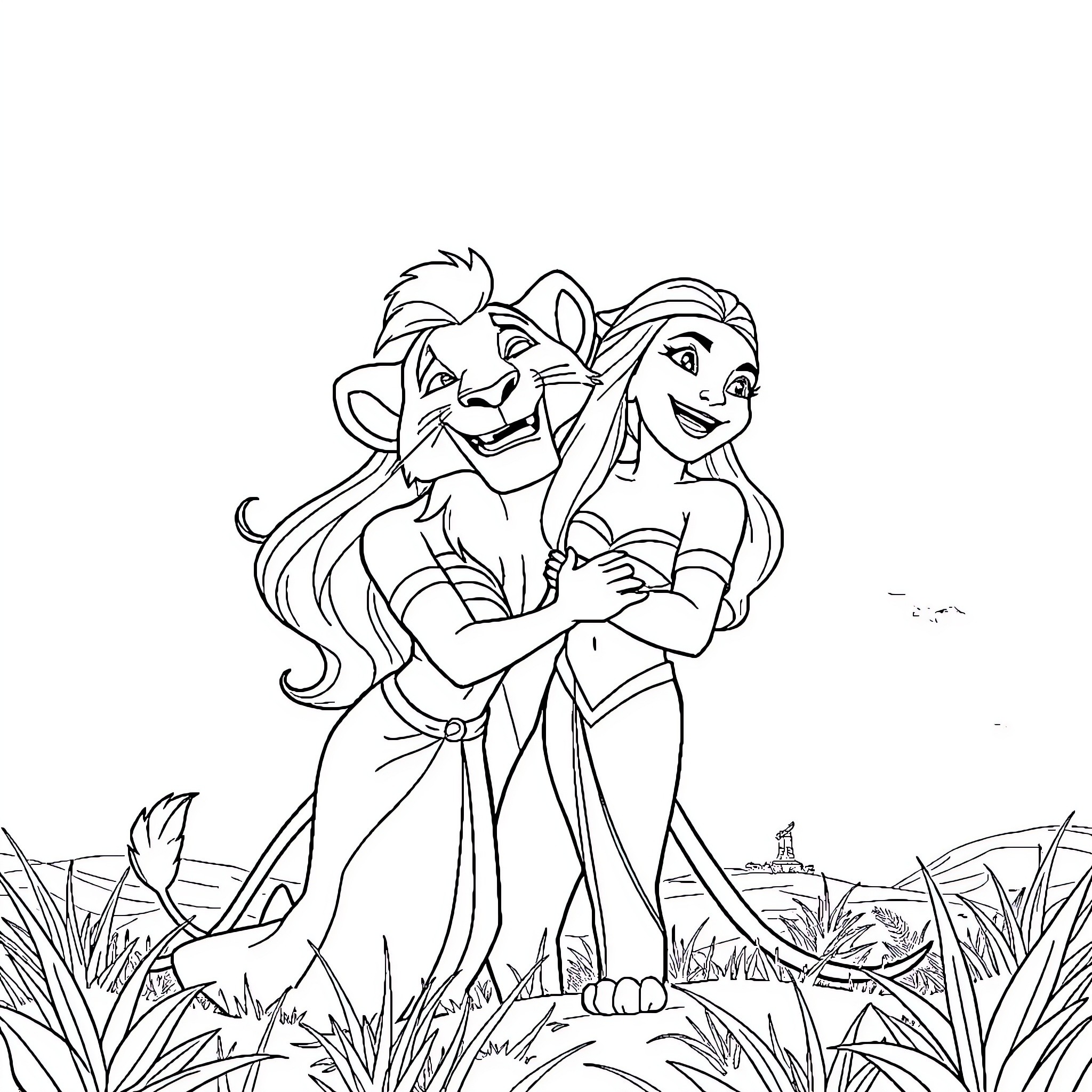 Vaiana and Maui embracing in the tropical landscape Coloring Page (free black-and-white line drawing printable PDF for all, from beginners to advanced learners, including children, teens, adults, and seniors)